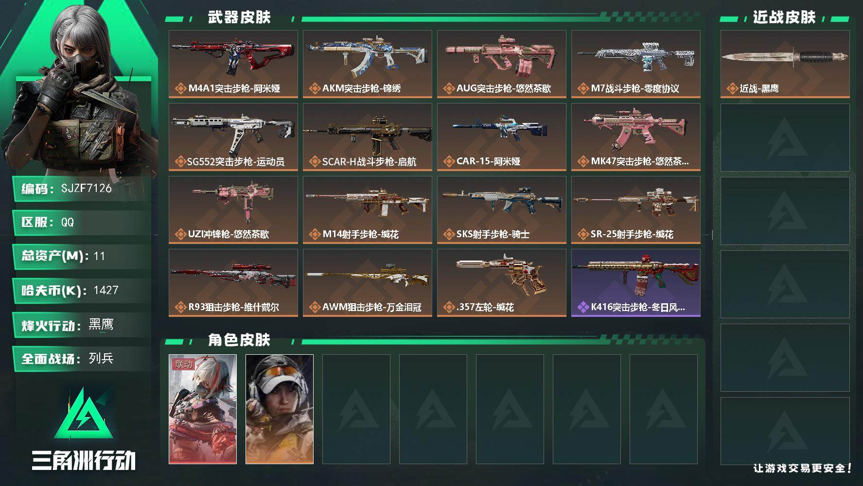三角洲行动账号QQ【SJZF7126】总资产(M)：11M/哈夫币(K)：1427K/哈夫币(K)：1427K/传说枪皮数：15/全面战场等级：9_段位：列兵/烽火地带等级：60_段位：黑鹰/骇爪-维什戴尔/露娜-金