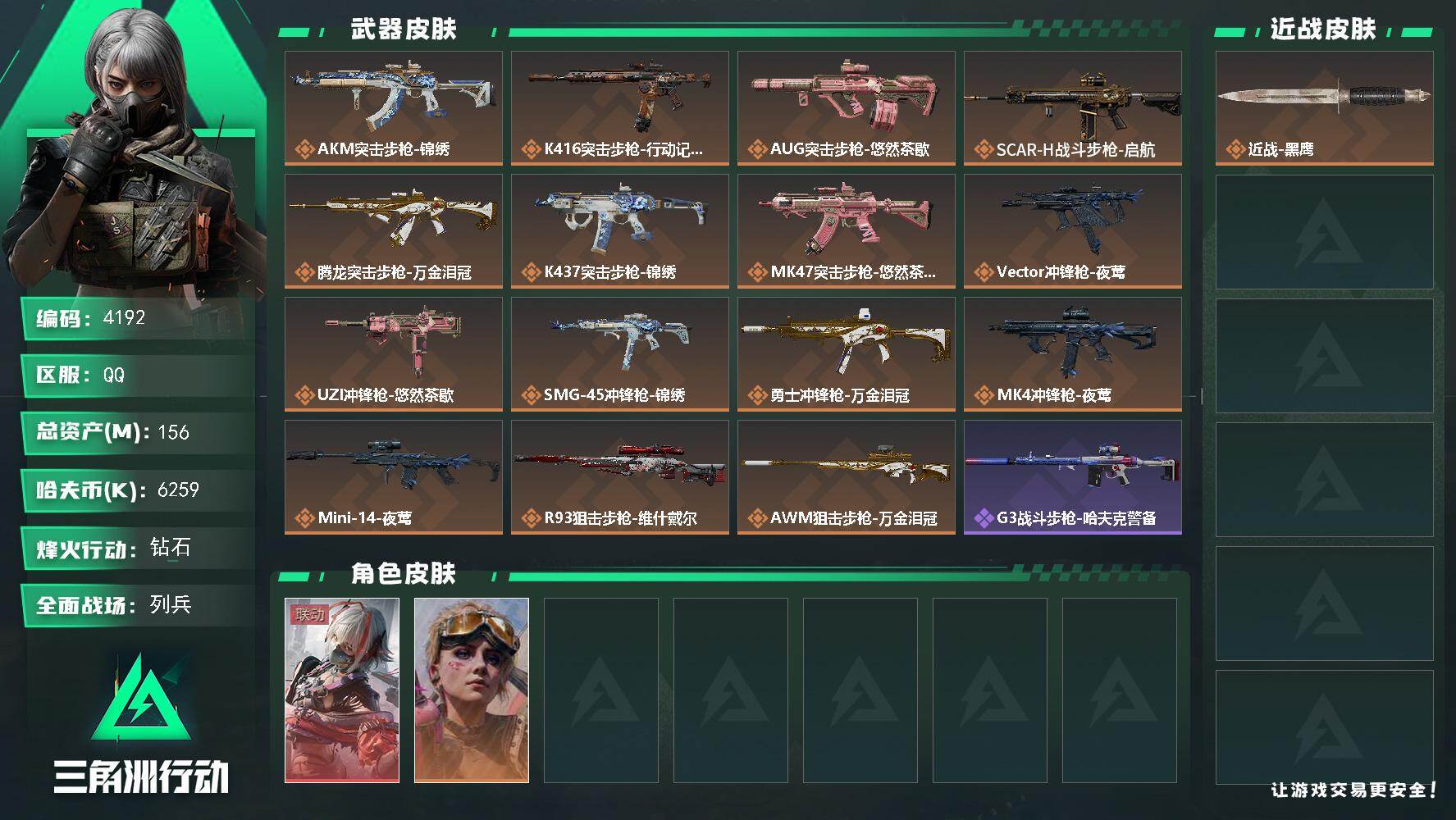 三角洲行动账号QQPX_2554818-156m总资产-6259k哈夫币-60烽火等级-钻石-18战场等级-列兵
【干员外观】：骇爪-维什戴尔，蛊-不羁人生
【近战皮肤】：近战-黑鹰
【传说外观】：AKM突击