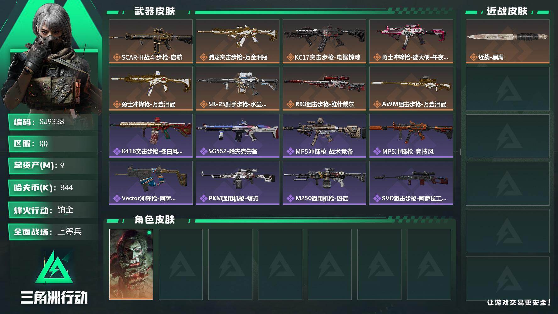 三角洲行动账号QQ【SJ9338】总资产(M)：9M/哈夫币(K)：844K/哈夫币(K)：844K/传说枪皮数：8/全面战场等级：17_段位：上等兵/烽火地带等级：60_段位：铂金/红狼-电锯惊魂/近战-黑鹰/SC