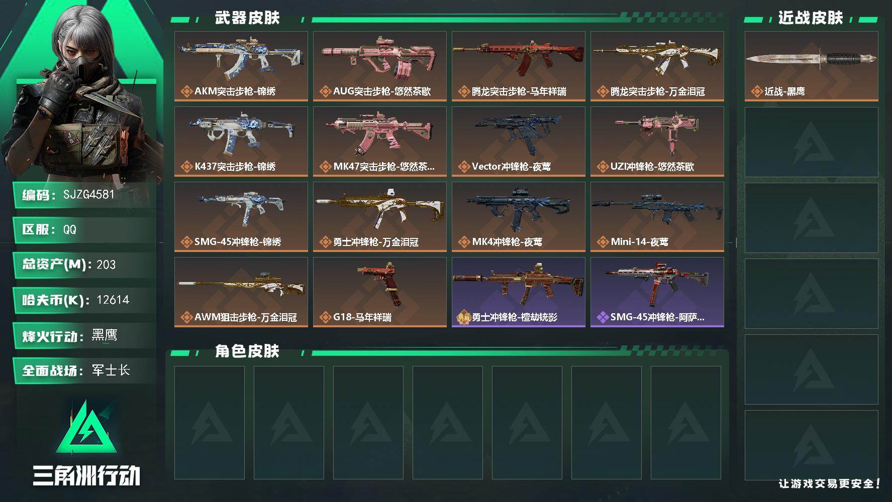 三角洲行动账号QQ【SJZG4581】总资产(M)：203M/哈夫币(K)：12614K/哈夫币(K)：12614K/