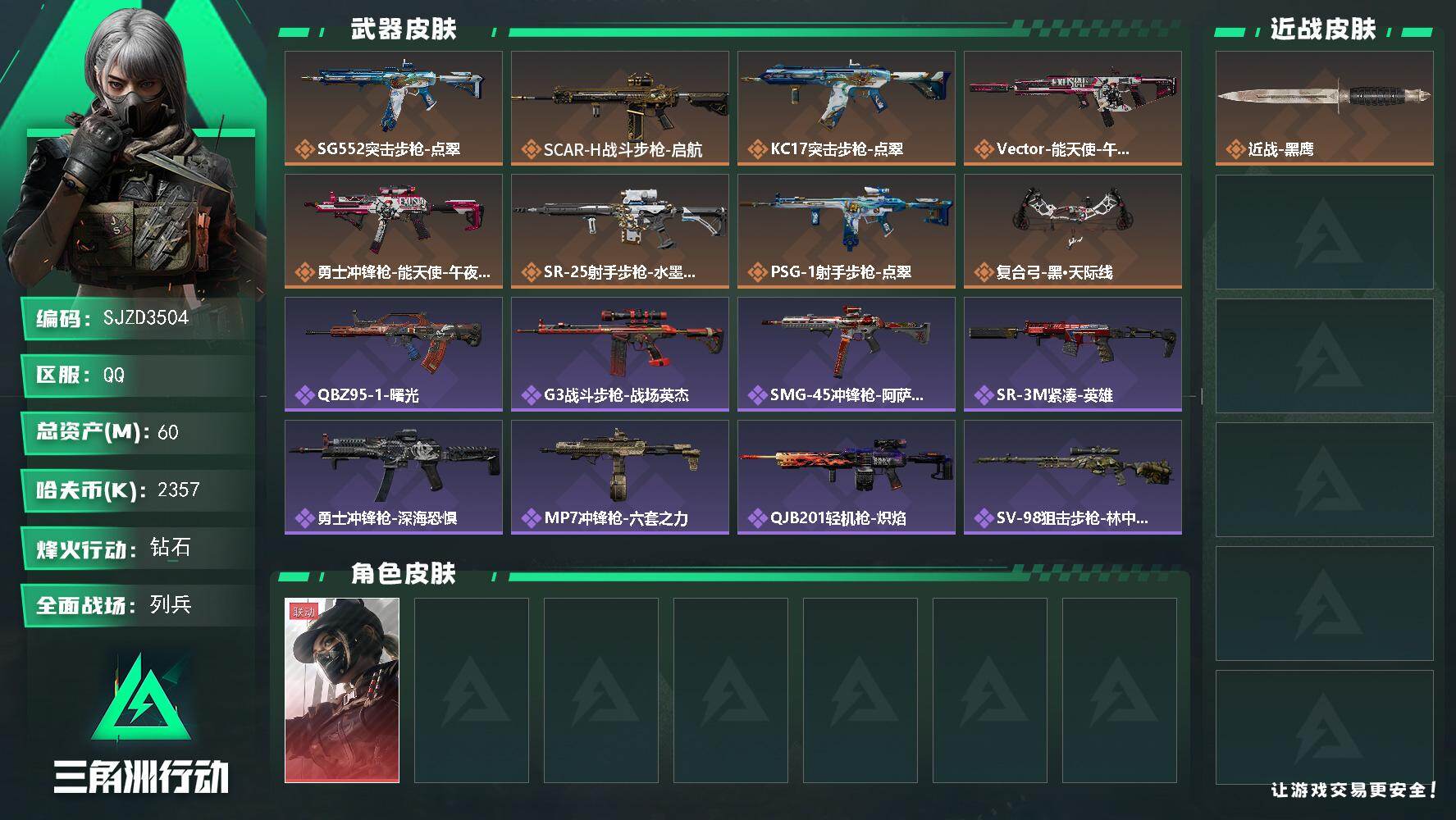 三角洲行动账号QQ【SJZD3504】总资产(M)：60M/哈夫币(K)：2357K/哈夫币(K)：2357K/传说枪