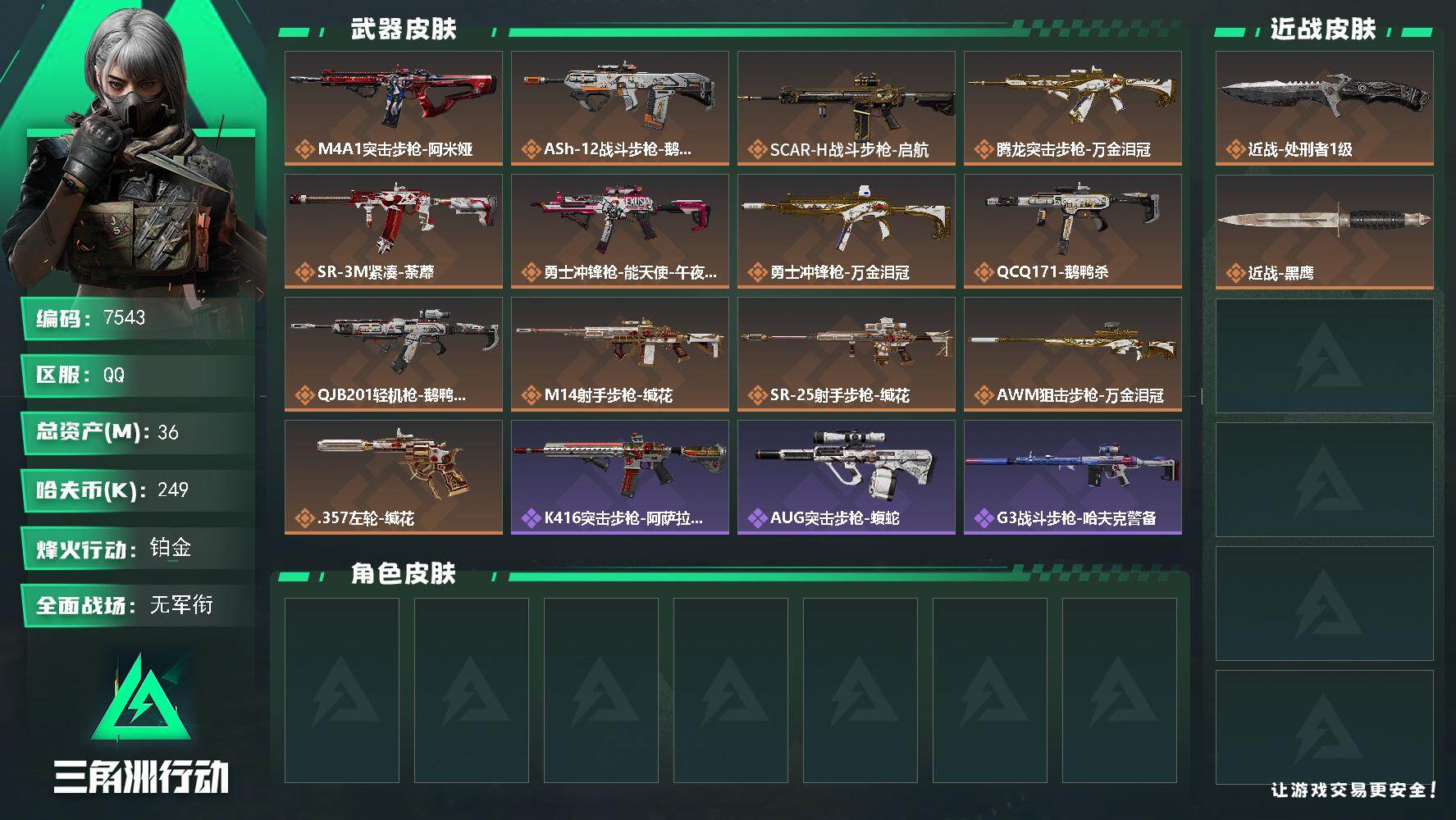 三角洲行动账号QQ总资产(M)：36M/哈夫币(K)：249K/哈夫币(K)：249K/传说枪皮数：13/全面战场等级：2_段位：无段位/烽火地带等级：60_段位：铂金/近战-处刑者/近战-黑鹰/M4A1突击步枪-阿米