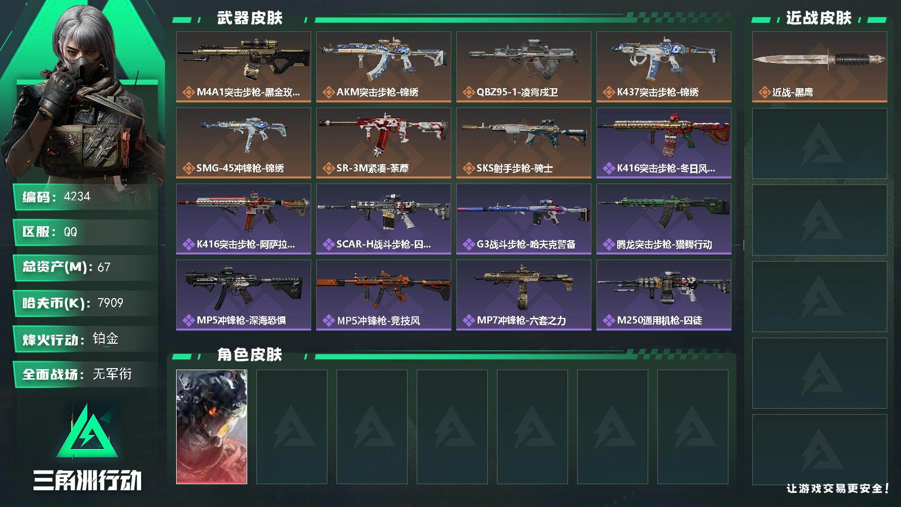 三角洲行动账号QQPX_2554622-67m总资产-7909k哈夫币-39烽火等级-铂金-2战场等级-无军衔
【干员外观】：威龙-凌霄戍卫
【近战皮肤】：近战-黑鹰
【传说外观】：M4A1突击步枪-蚀金玫瑰