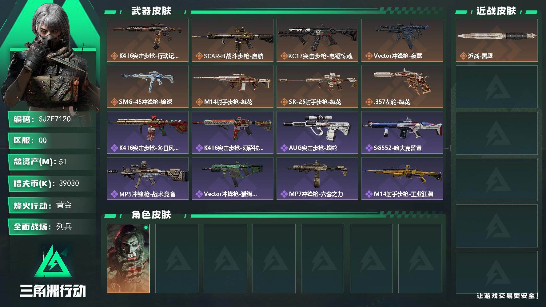 三角洲行动账号QQ【SJZF7120】总资产(M)：51M/哈夫币(K)：39030K/哈夫币(K)：39030K/传说枪皮数：8/全面战场等级：14_段位：列兵/烽火地带等级：60_段位：黄金/红狼-电锯惊魂/近战