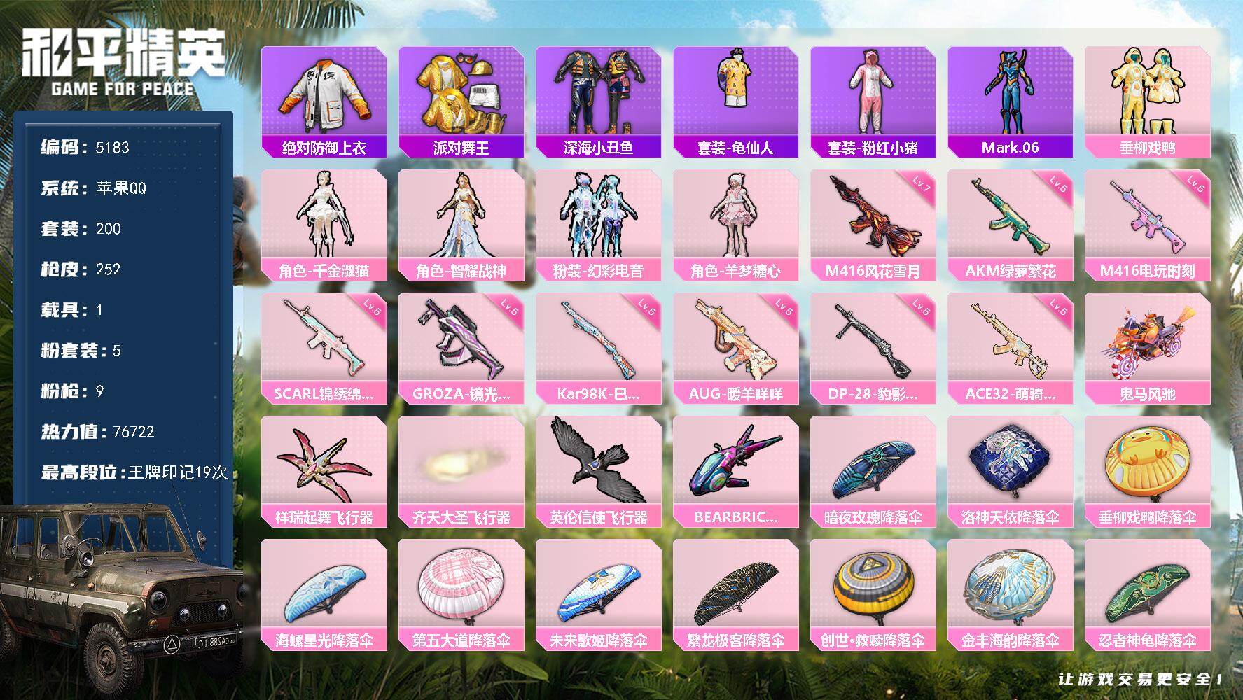 和平精英账号苹果QQ200套装/枪械9/装备306/载具1/战备203/王牌印记19/热力值76722/五级AKM-绿萝