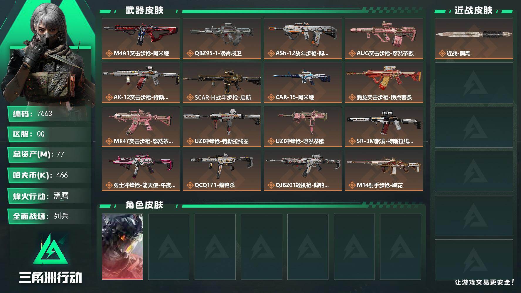 三角洲行动账号QQ总资产(M)：77M/哈夫币(K)：466K/哈夫币(K)：466K/传说枪皮数：21/全面战场等级：12_段位：列兵/烽火地带等级：60_段位：黑鹰/威龙-凌霄戍卫/近战-黑鹰/M4A1突击步枪-阿