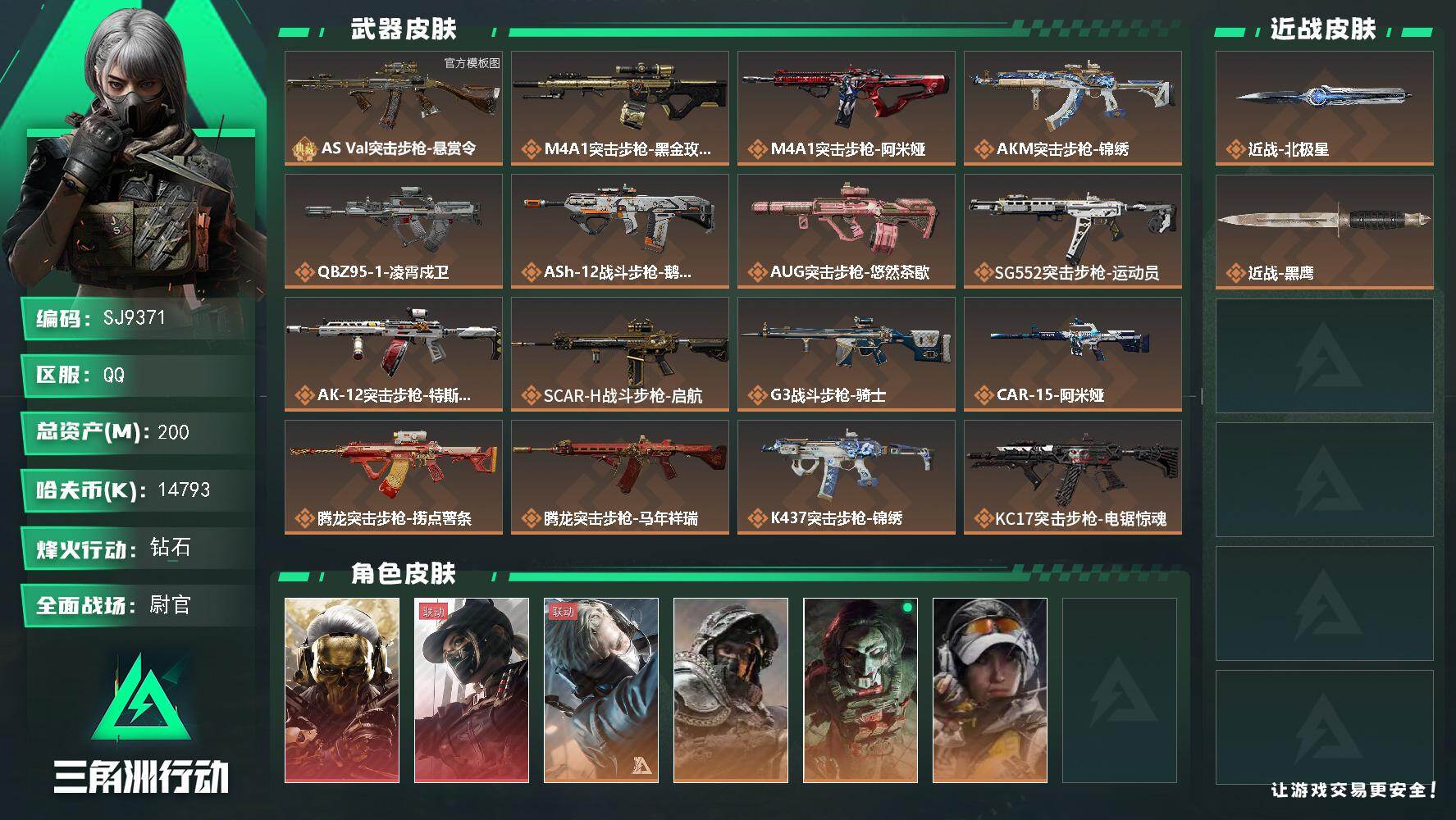 三角洲行动账号QQ【SJ9371】总资产(M)：200M/哈夫币(K)：14793K/哈夫币(K)：14793K/传说枪皮数：33/全面战场等级：50_段位：尉官/烽火地带等级：60_段位：钻石/红狼-蚀金玫瑰/露娜