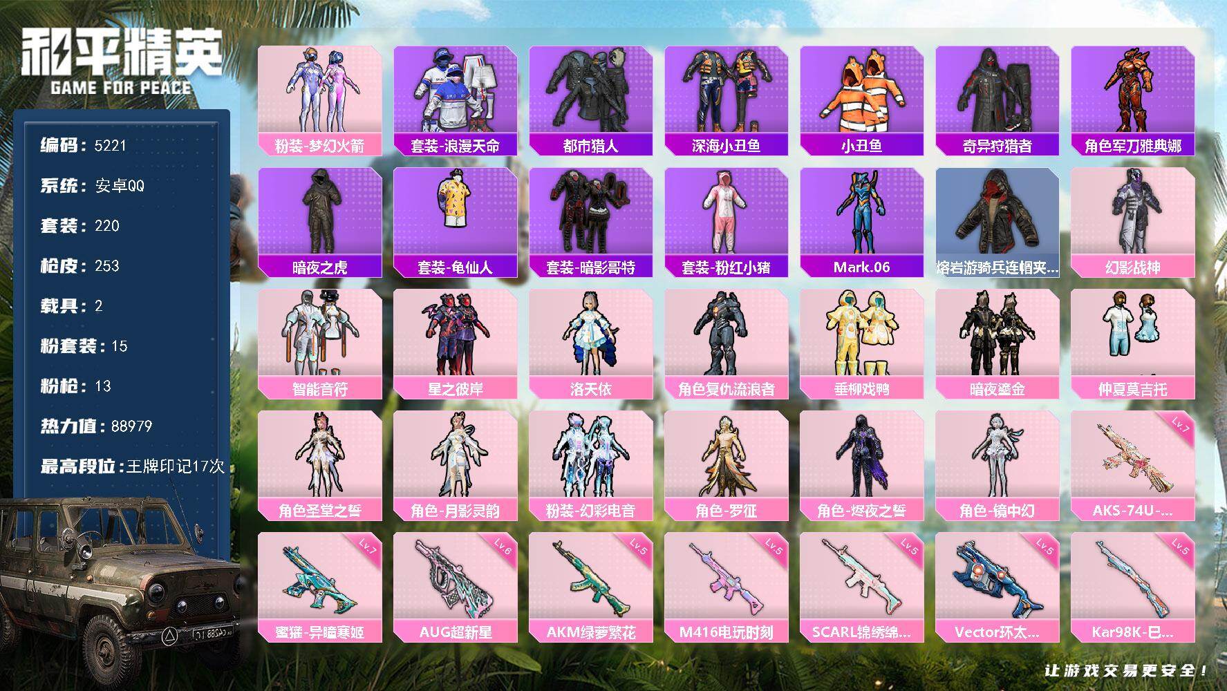 和平精英账号安卓QQ220套装/枪械13/装备389/载具2/战备198/王牌印记17/热力值88979/五级AKM-绿