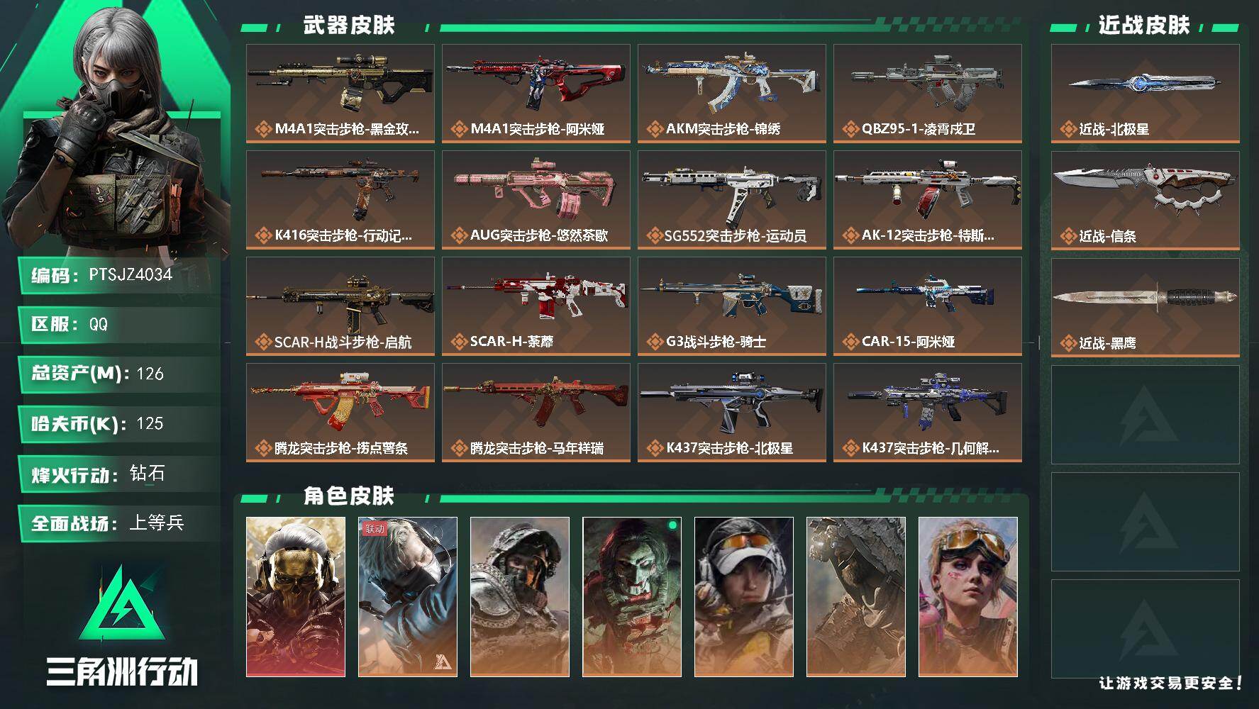 三角洲行动账号QQ【PTSJZ4034】总资产(M)：126M/哈夫币(K)：125K/哈夫币(K)：125K/传说枪
