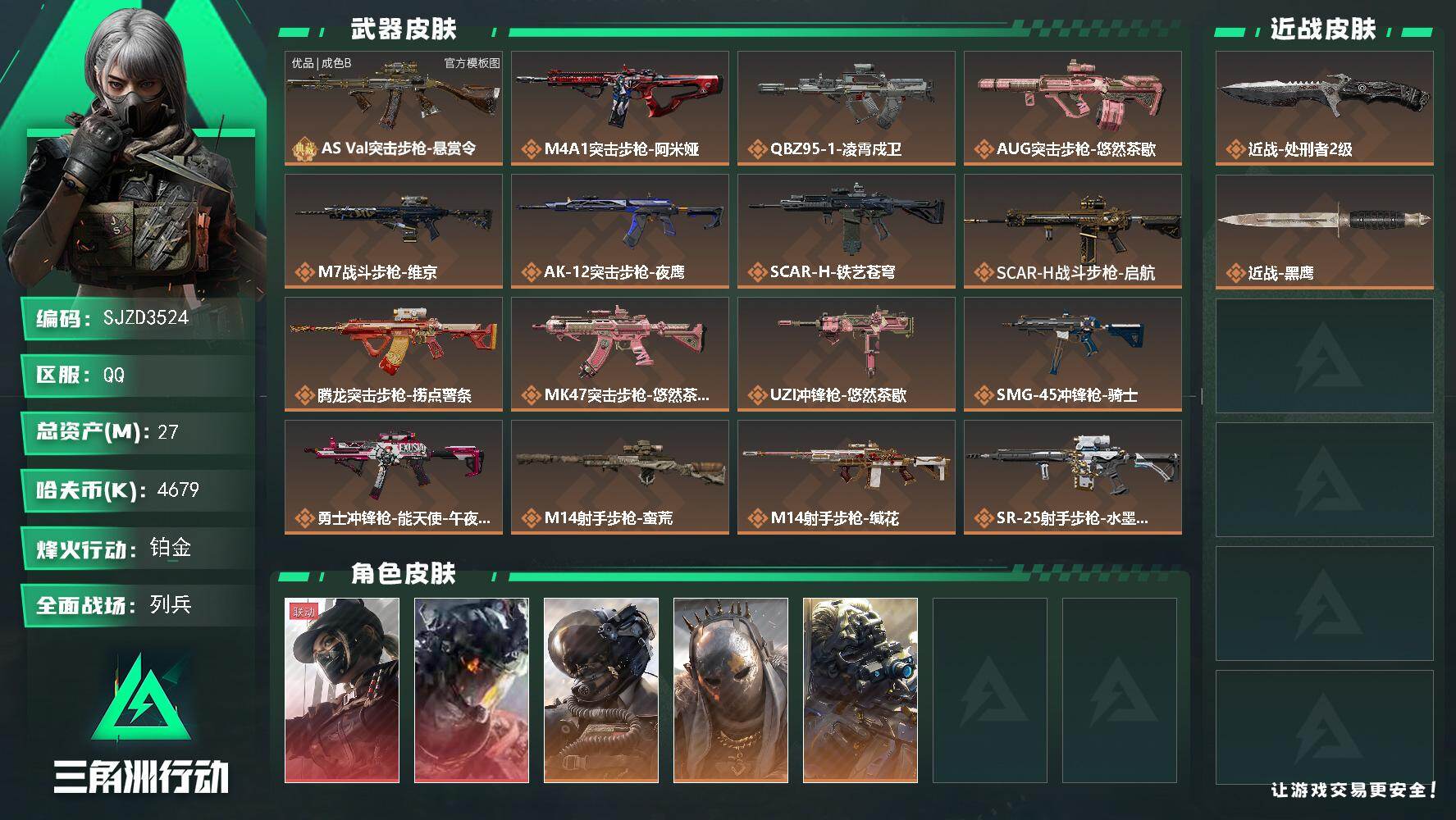 三角洲行动账号QQ账号(互通)【SJZD3524】总资产(M)：27M/哈夫币(K)：4679K/哈夫币(K)：4679K/传说枪皮数：21/全面战场等级：21_段位：列兵/烽火地带等级：60_段位：铂金/露娜-黑·天际线/威龙