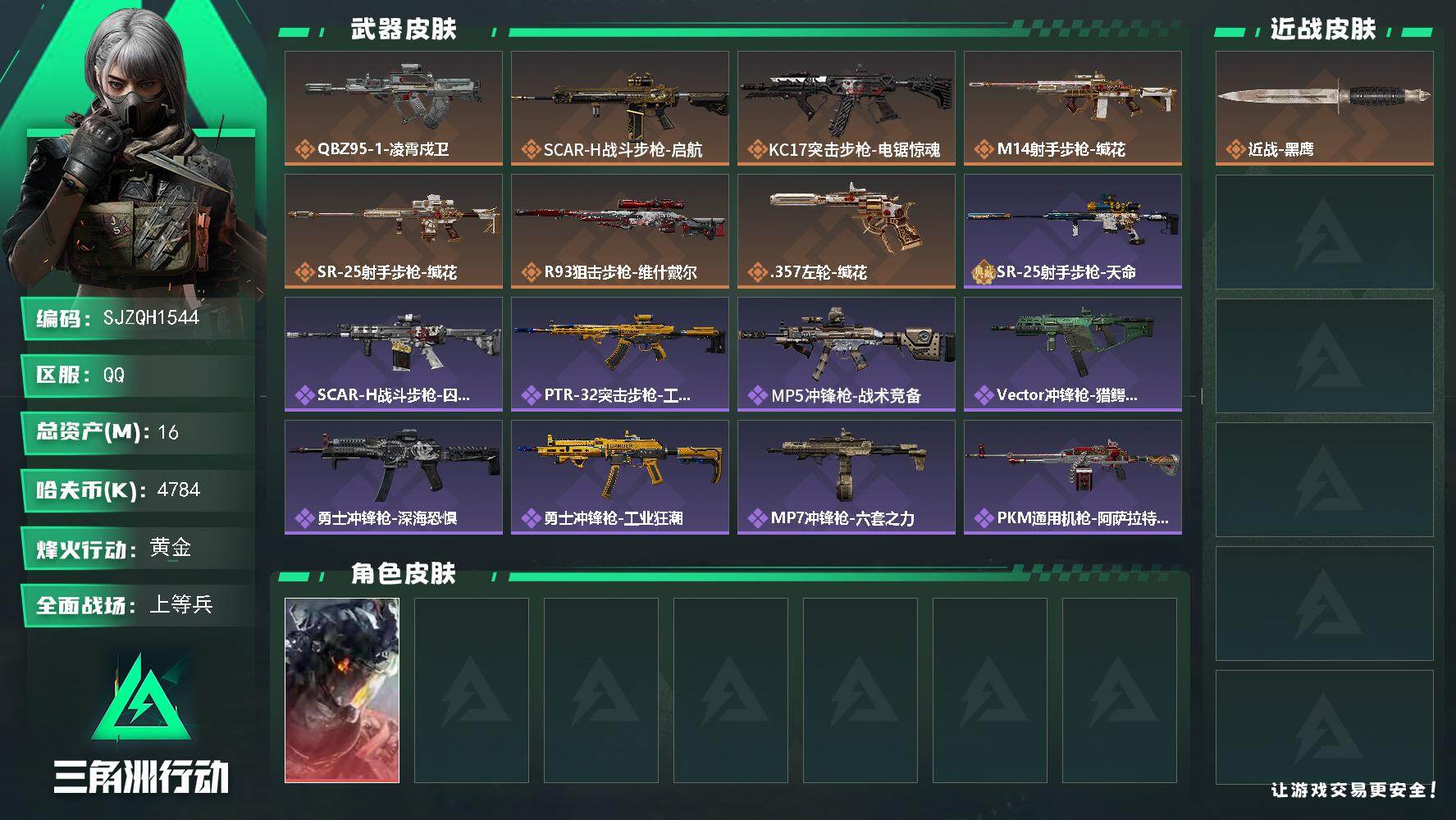 三角洲行动账号QQ【SJZQH1544】总资产(M)：16M/哈夫币(K)：4784K/哈夫币(K)：4784K/传说枪皮数：7/全面战场等级：35_段位：上等兵/烽火地带等级：48_段位：黄金/威龙-凌霄戍卫/近战