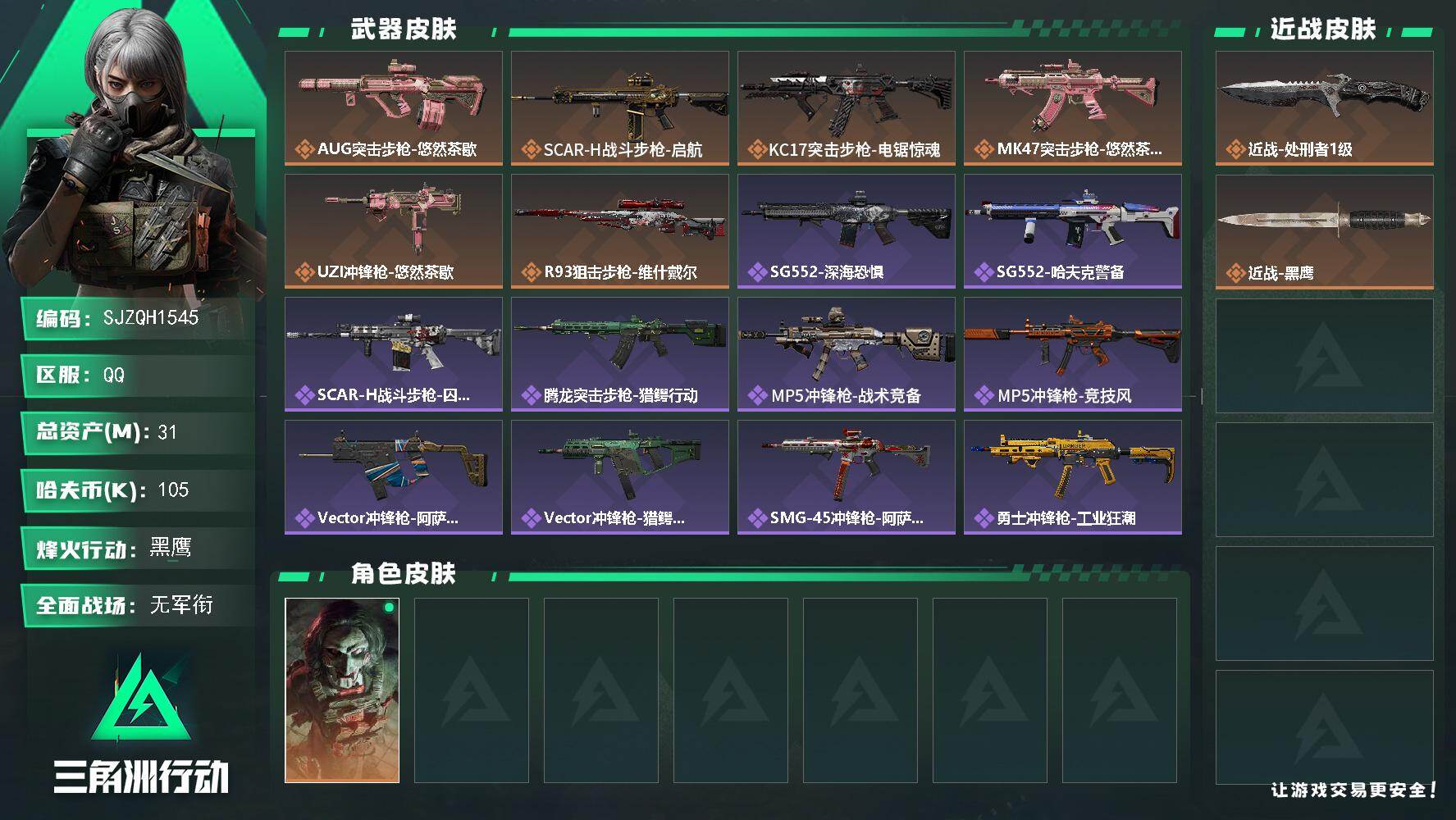 三角洲行动账号QQ【SJZQH1545】总资产(M)：31M/哈夫币(K)：105K/哈夫币(K)：105K/传说枪皮数：6/全面战场等级：5_段位：无段位/烽火地带等级：60_段位：黑鹰/红狼-电锯惊魂/近战-处刑