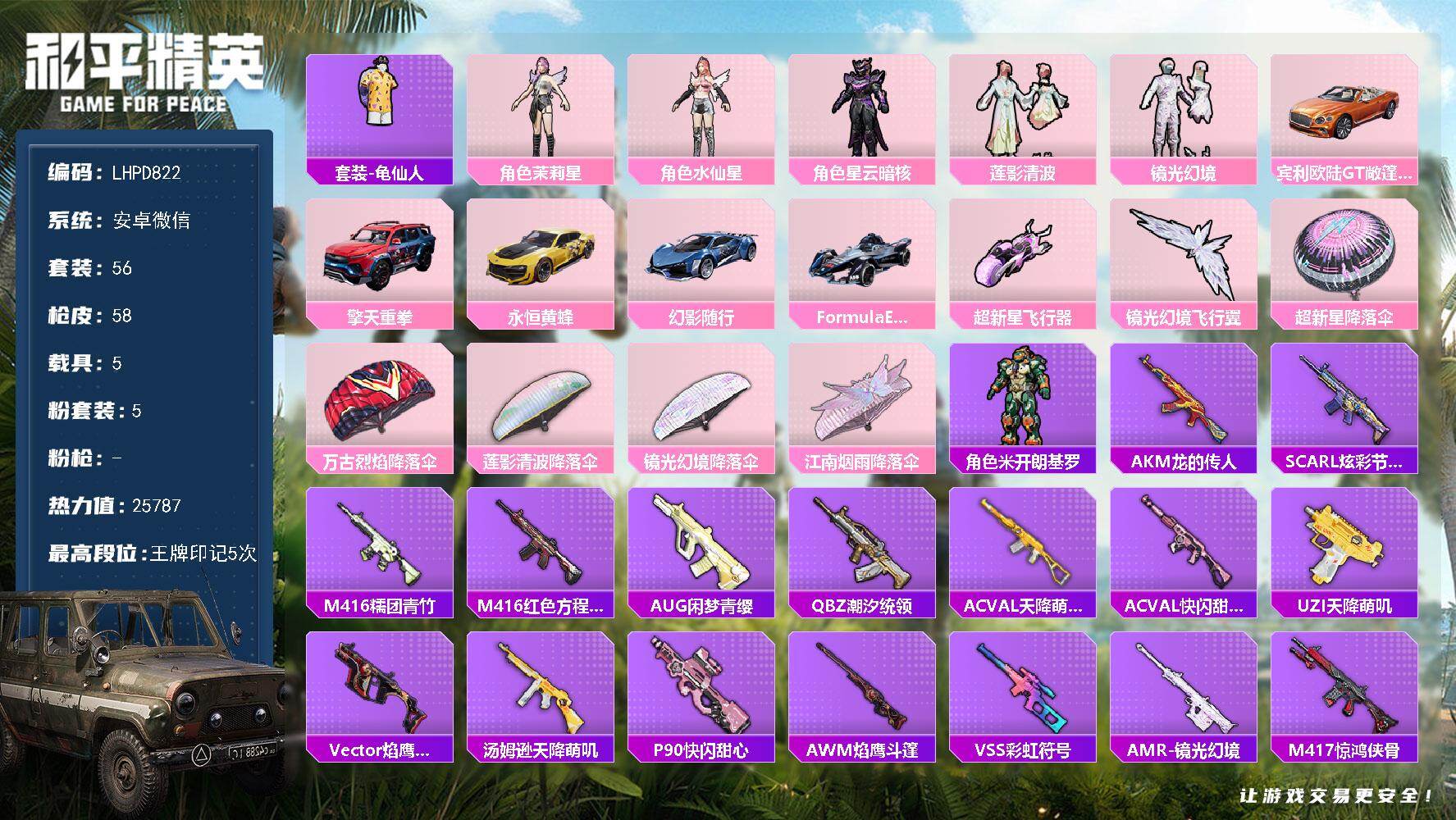 和平精英账号安卓微信【店主推荐捡漏号！可直接换绑】安卓 微信-5粉装-0特效枪-5载具-2粉色飞行器-25787热力值-5王牌印记-56套装-58枪皮【热门品类】：套装-龟仙人【粉色套装】：角色-茉莉星，角色-水仙星，