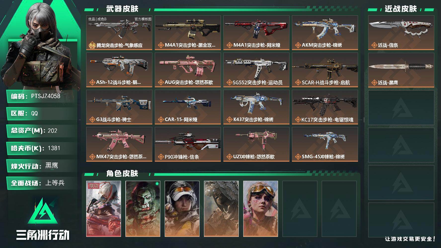 三角洲行动账号QQ【PTSJZ4058】总资产(M)：202M/哈夫币(K)：1381K/哈夫币(K)：1381K/传