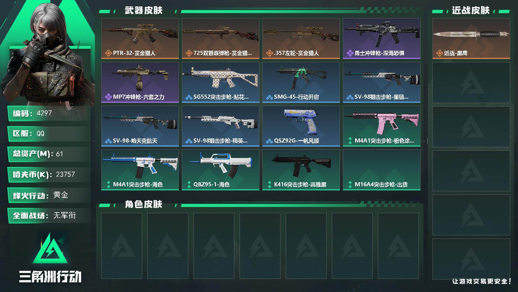 三角洲行动账号QQPX_2554581-61m总资产-23757k哈夫币-41烽火等级-黄金-1战场等级-无军衔
【近战皮肤】：近战-黑鹰
【传说外观】：PTR-32突击步枪-赏金猎人，725双管霰弹枪-赏金