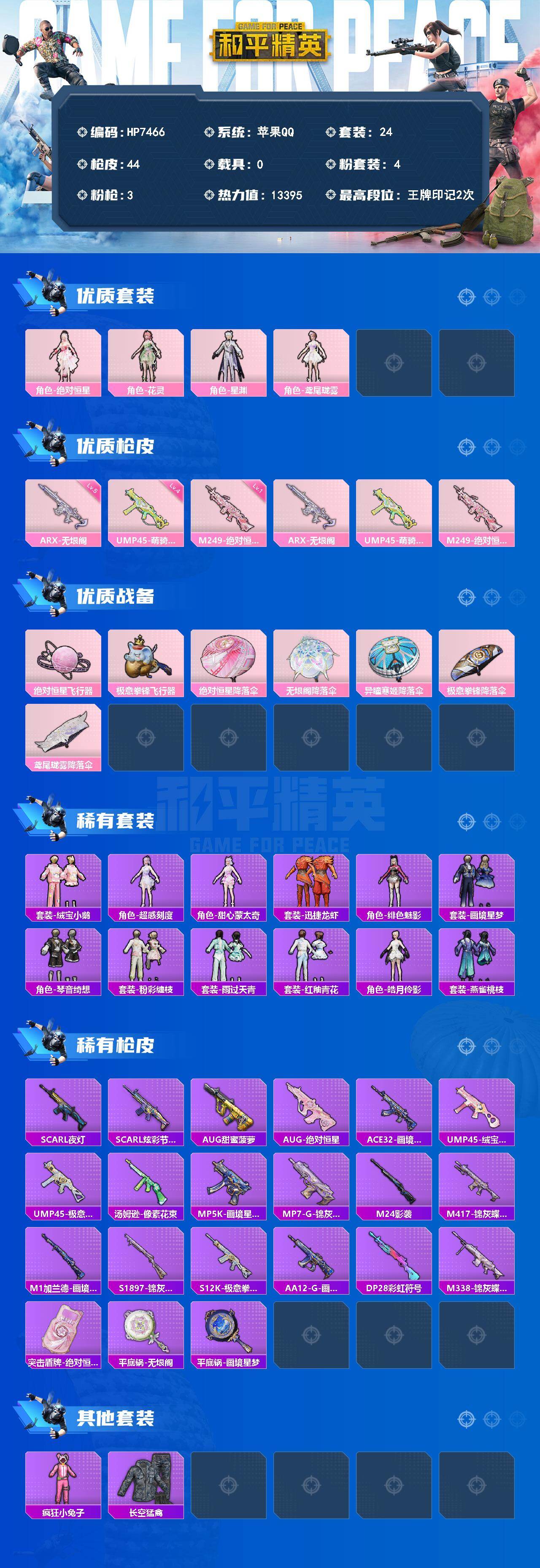 和平精英账号苹果QQ公主号-绝对恒星/花灵/星渊/鸢尾珑雾/ARX无垠阁五级/UMP45萌骑冒险四级/M249绝对恒星一级（4粉装-3粉枪）没战神框 HP7466-0载具-2粉色飞行器-13395热力值-2王牌印记-24