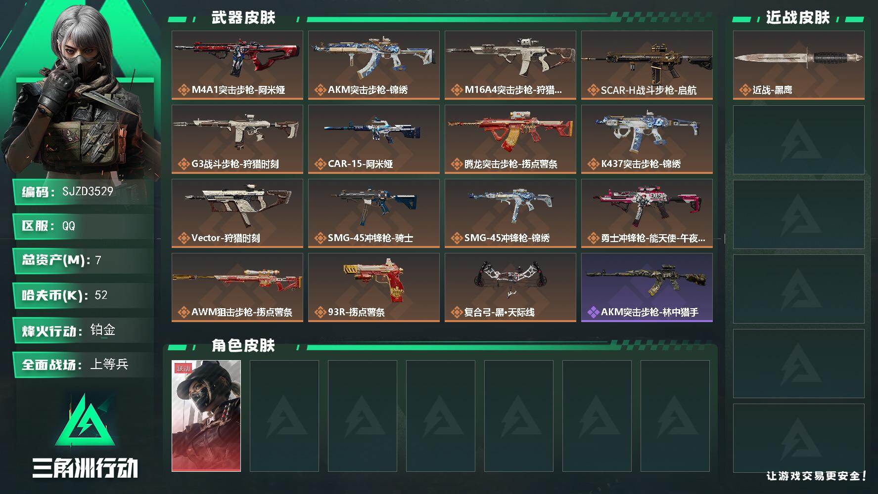 三角洲行动账号QQ账号(互通)【SJZD3529】总资产(M)：7M/哈夫币(K)：52K/哈夫币(K)：52K/传说枪皮数：15/全面战场等级：35_段位：上等兵/烽火地带等级：60_段位：铂金/露娜-黑·天际线/黑鹰/M4A