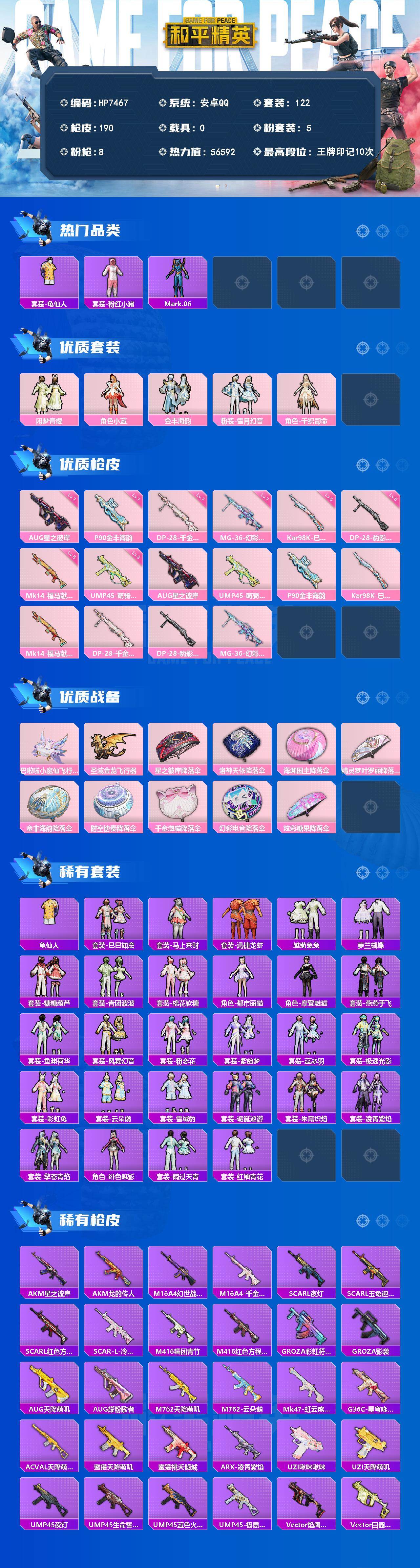 和平精英账号安卓QQ公主号-地铁满天赋-粉红小猪/蓝螳螂/闲梦青缨/小蓝/金丰海韵/雪月幻音/千织司命/AUG星之彼岸七级/UMP45萌骑冒险三级/P90金丰海韵七级/DP28千金淑猫七级/MG36幻彩电音七级（5粉装-