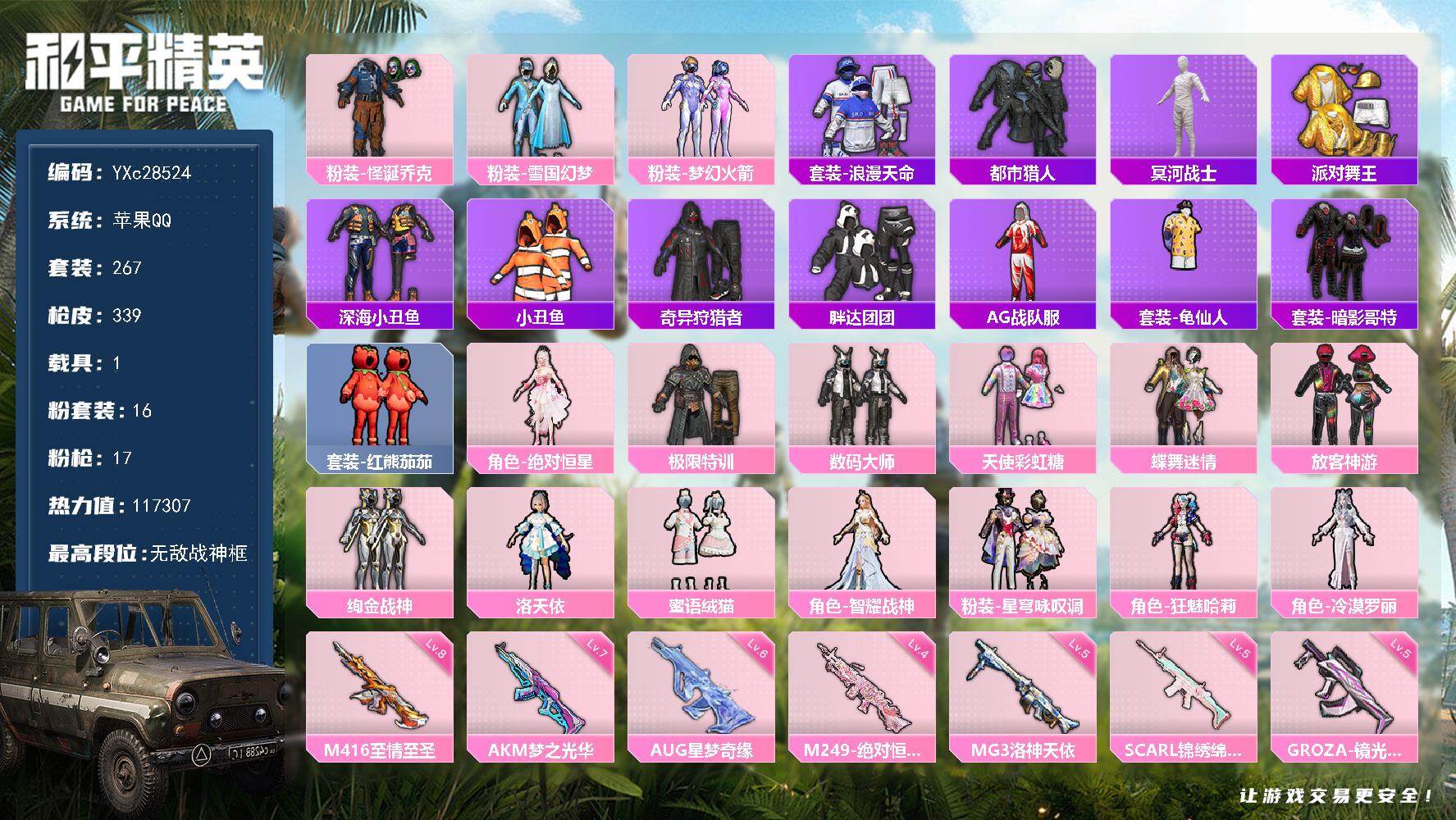 和平精英账号苹果QQ【地铁满天赋 战神框 木乃伊 都市 金鞋 哈莉 雪国 小丑 特训 6级星梦奇缘AUG 8级至情至圣M