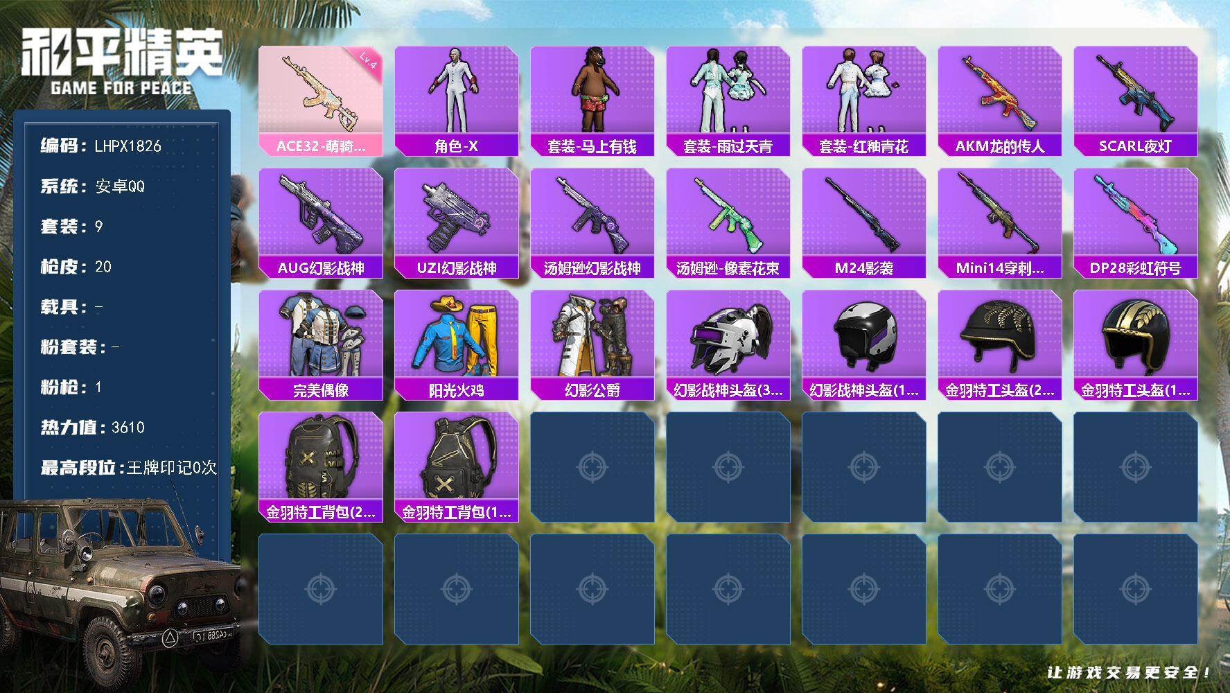 和平精英账号安卓QQ【特价出售/店主推荐】安卓 手Q-1特效枪-3610热力值-1王牌印记-9套装-20枪皮【粉色枪皮等级】：ACE32-萌骑漫游(四级)
