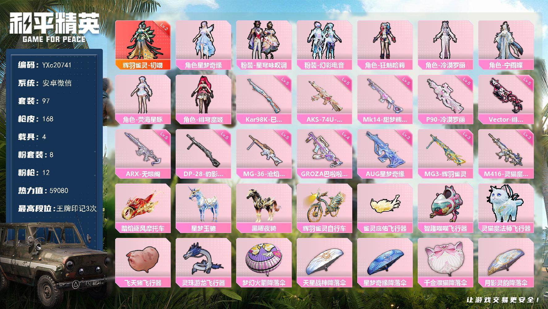 和平精英账号安卓微信【社交可解！2级红 哈莉 星梦奇缘AUG 灵猫魔法师M4 辉羽雀灵MG3】YXc20741-【可二次