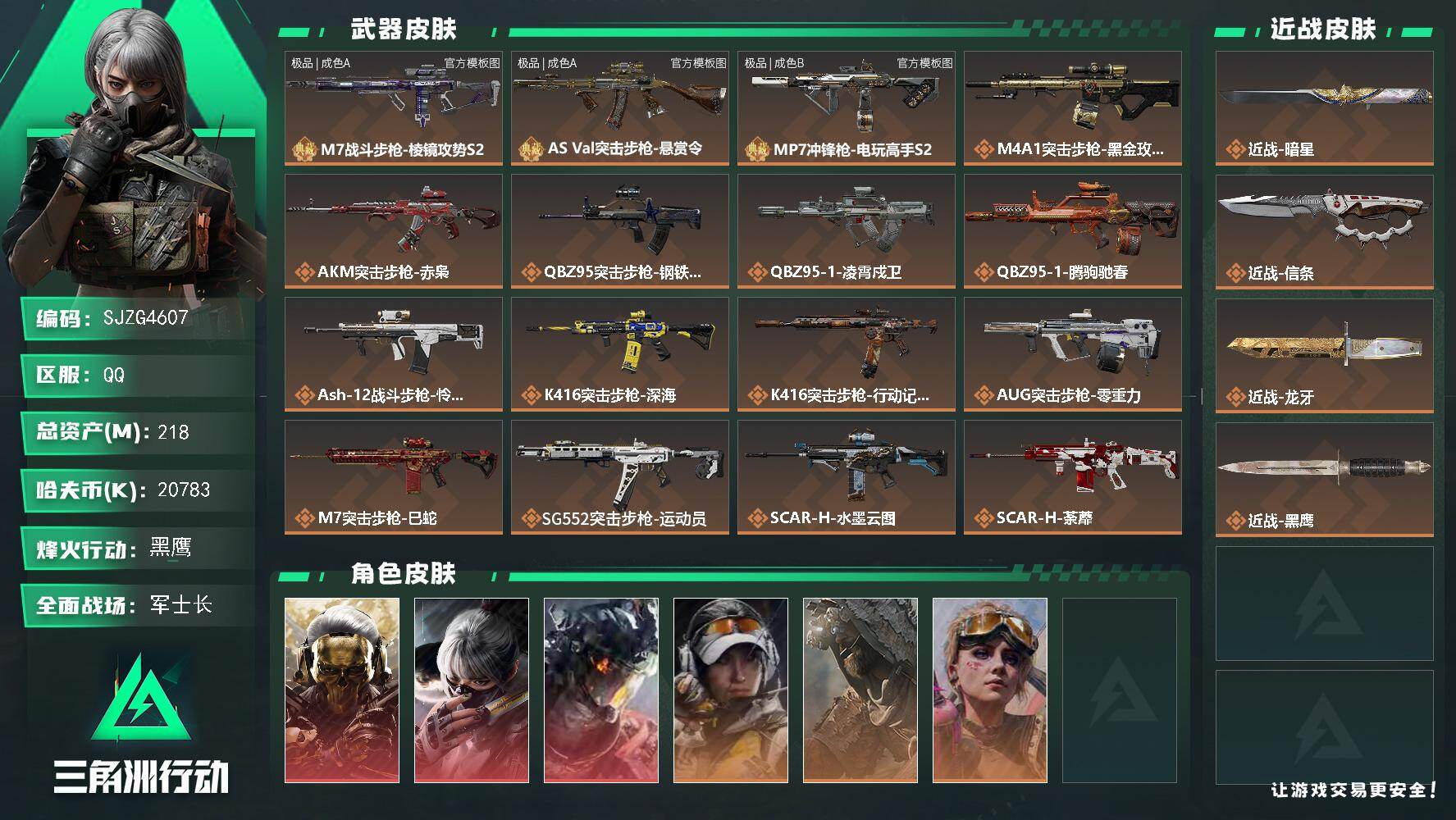 三角洲行动账号QQ【SJZG4607】总资产(M)：218M/哈夫币(K)：20783K/哈夫币(K)：20783K/传说枪皮数：32/全面战场等级：18_段位：军士长/烽火地带等级：60_段位：黑鹰/红狼-蚀金玫瑰