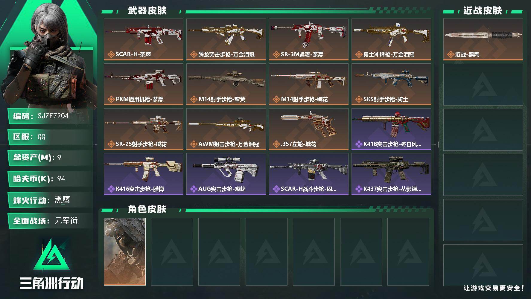 三角洲行动账号QQ【SJZF7204】总资产(M)：9M/哈夫币(K)：94K/哈夫币(K)：94K/传说枪皮数：11/全面战场等级：1_段位：无段位/烽火地带等级：53_段位：黑鹰/乌鲁鲁-荒原猎手/近战-黑鹰/S