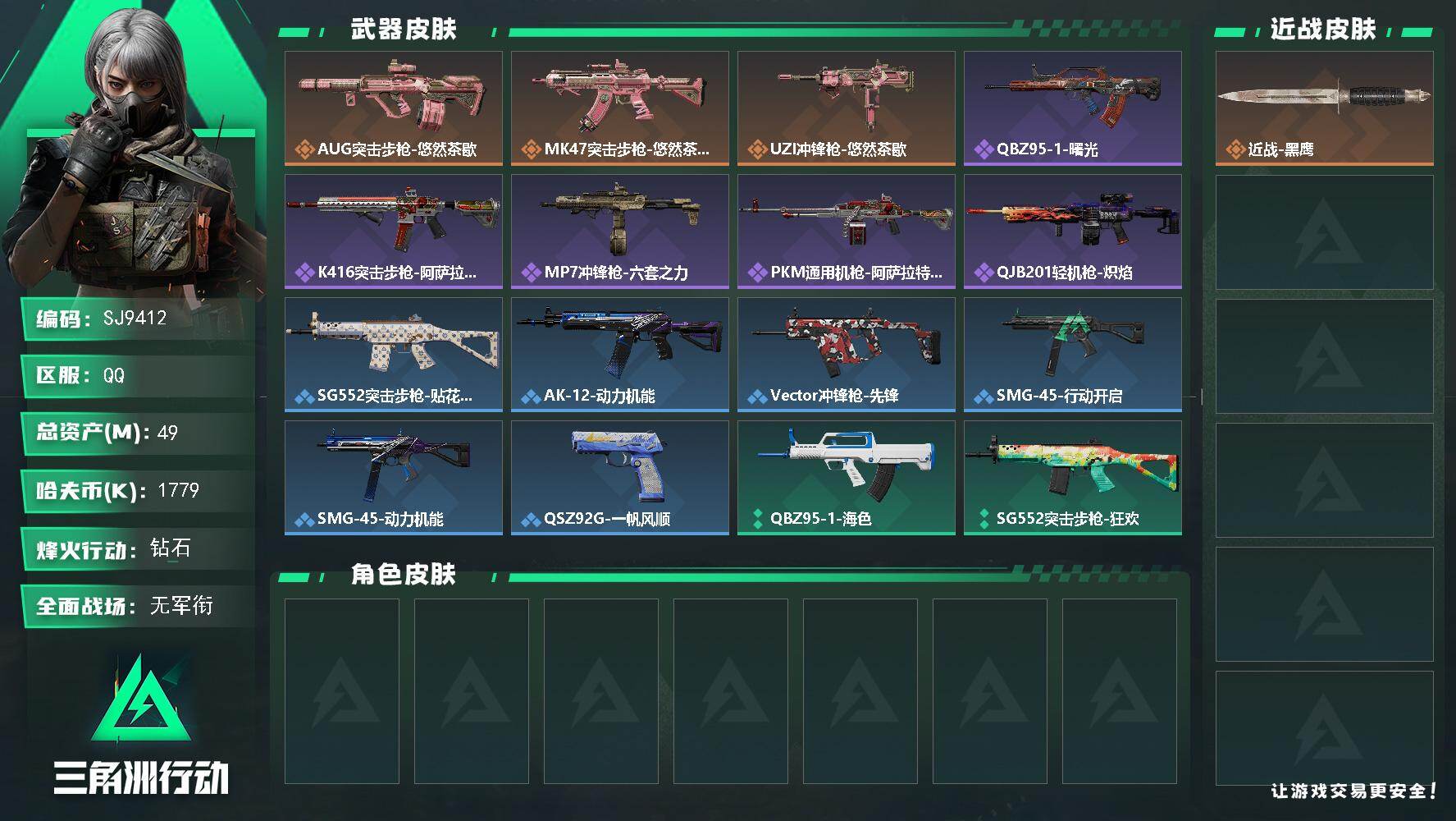 三角洲行动账号QQ【SJ9412】总资产(M)：49M/哈夫币(K)：1779K/哈夫币(K)：1779K/传说枪皮数：3/全面战场等级：1_段位：无段位/烽火地带等级：54_段位：钻石/近战-黑鹰/AUG突击步枪-