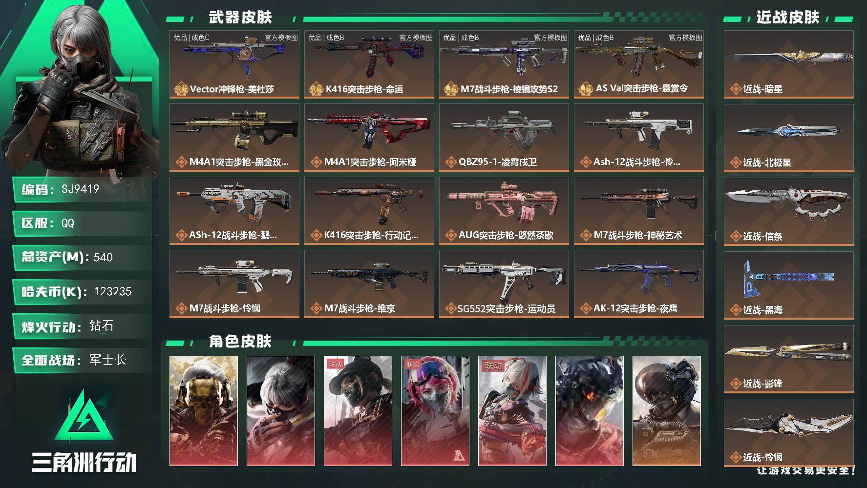 三角洲行动账号QQ【SJ9419】总资产(M)：540M/哈夫币(K)：123235K/哈夫币(K)：123235K/