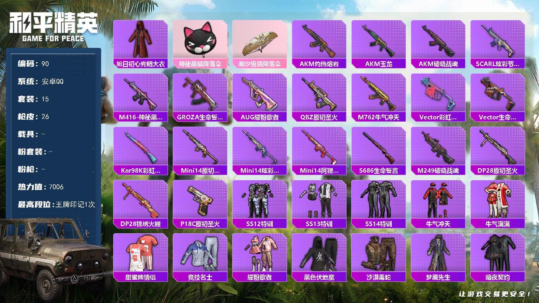 和平精英账号安卓QQ安卓 手Q-0粉装-0特效枪-0载具-0粉色飞行器-7006热力值-1王牌印记-15套装-26枪皮
【热门品类】：旭日初心兜帽大衣
【粉色降落伞】：神秘黑猫降落伞，潮汐统领降落伞
【稀有枪皮】：AK