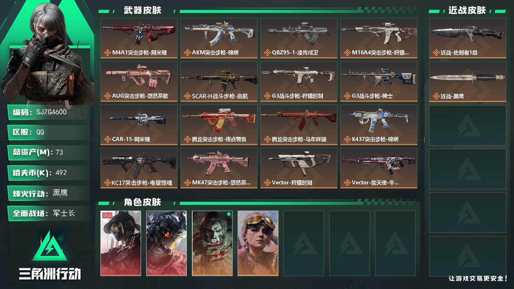 三角洲行动账号QQ【SJZG4600】总资产(M)：73M/哈夫币(K)：492K/哈夫币(K)：492K/传说枪皮数