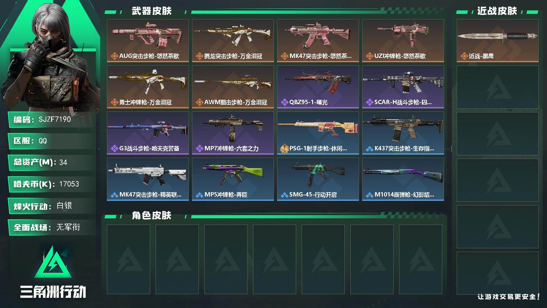 三角洲行动账号QQ【SJZF7190】总资产(M)：34M/哈夫币(K)：17053K/哈夫币(K)：17053K/传说枪皮数：6/全面战场等级：1_段位：无段位/烽火地带等级：41_段位：白银/近战-黑鹰/AUG突