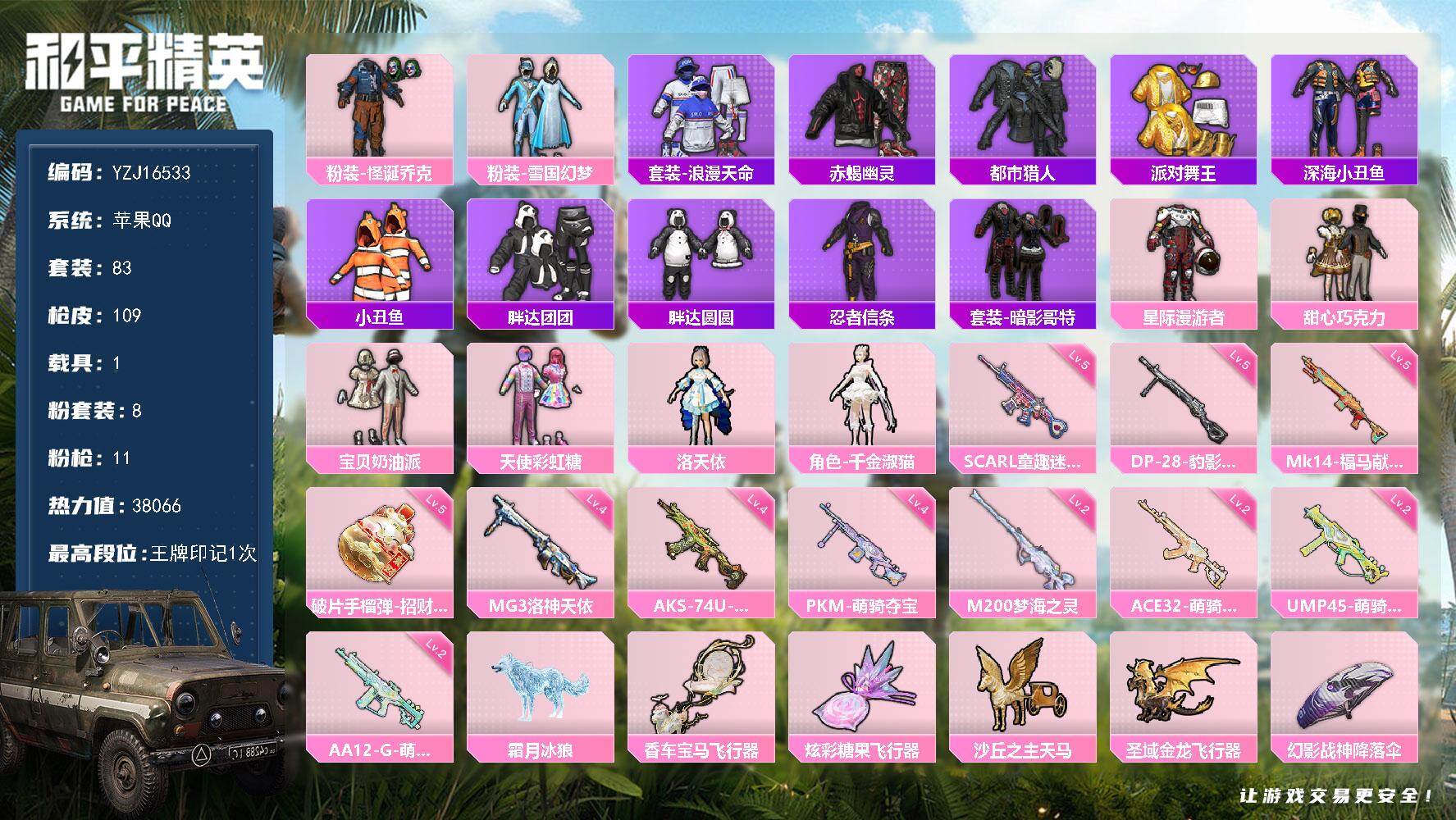 和平精英账号苹果QQYZJ16533-可二次-苹果Q-6稀有8粉装11特效枪14热门-号内1002点卷未使用-【精氪男神