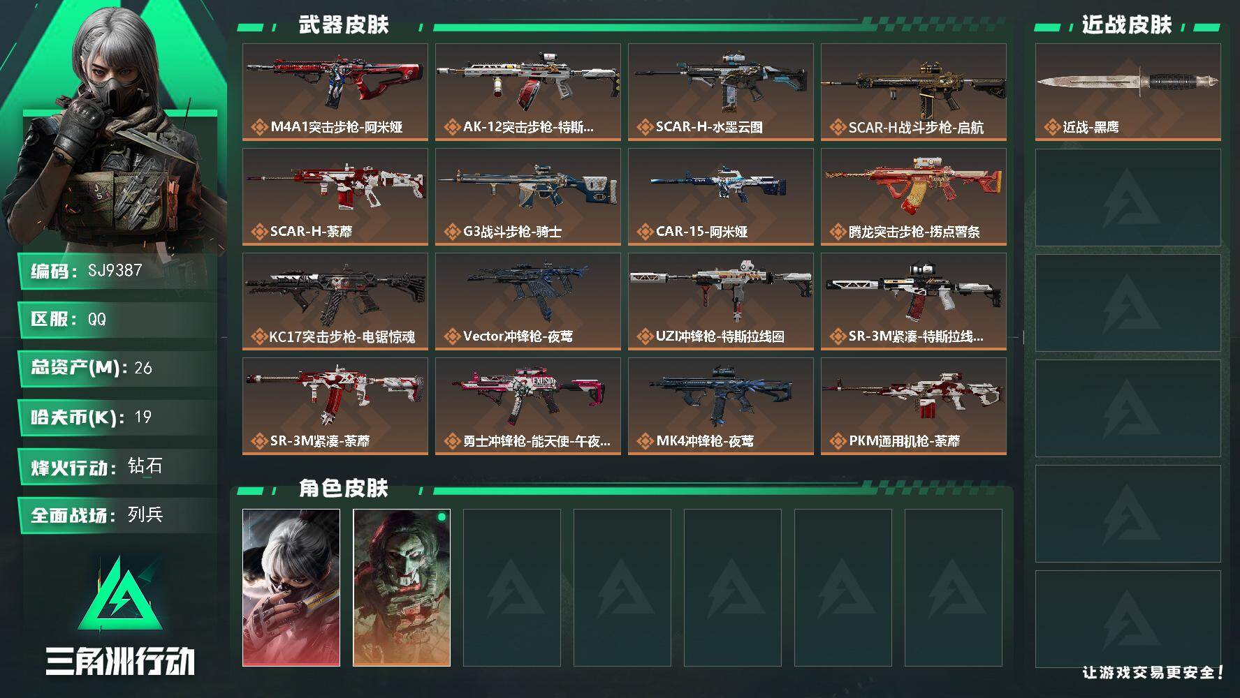 三角洲行动账号QQ【SJ9387】总资产(M)：26M/哈夫币(K)：19K/哈夫币(K)：19K/传说枪皮数：24/