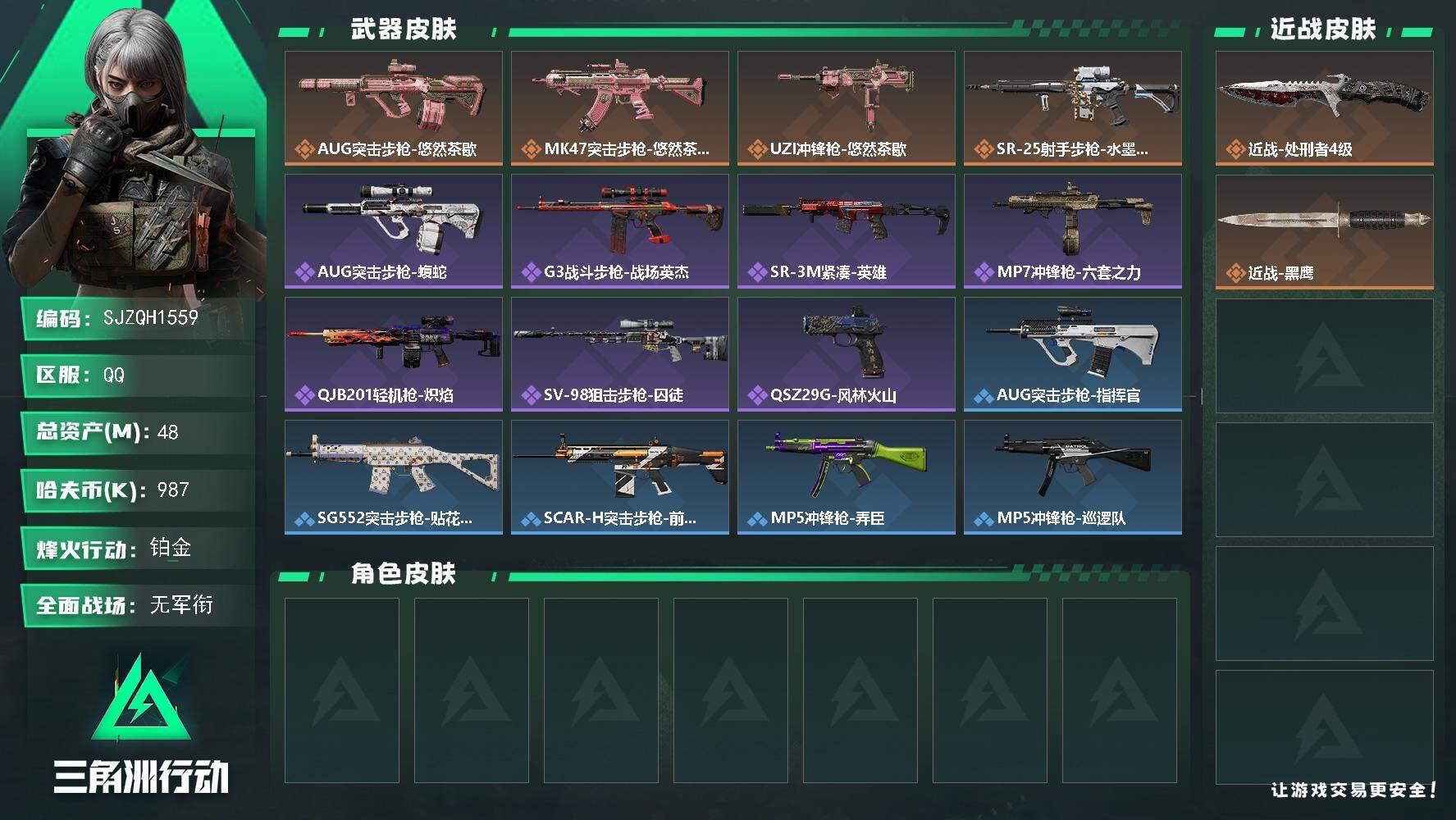 三角洲行动账号QQ【SJZQH1559】总资产(M)：48M/哈夫币(K)：987K/哈夫币(K)：987K/传说枪皮数：4/全面战场等级：2_段位：无段位/烽火地带等级：60_段位：铂金/近战-处刑者4级/近战-黑