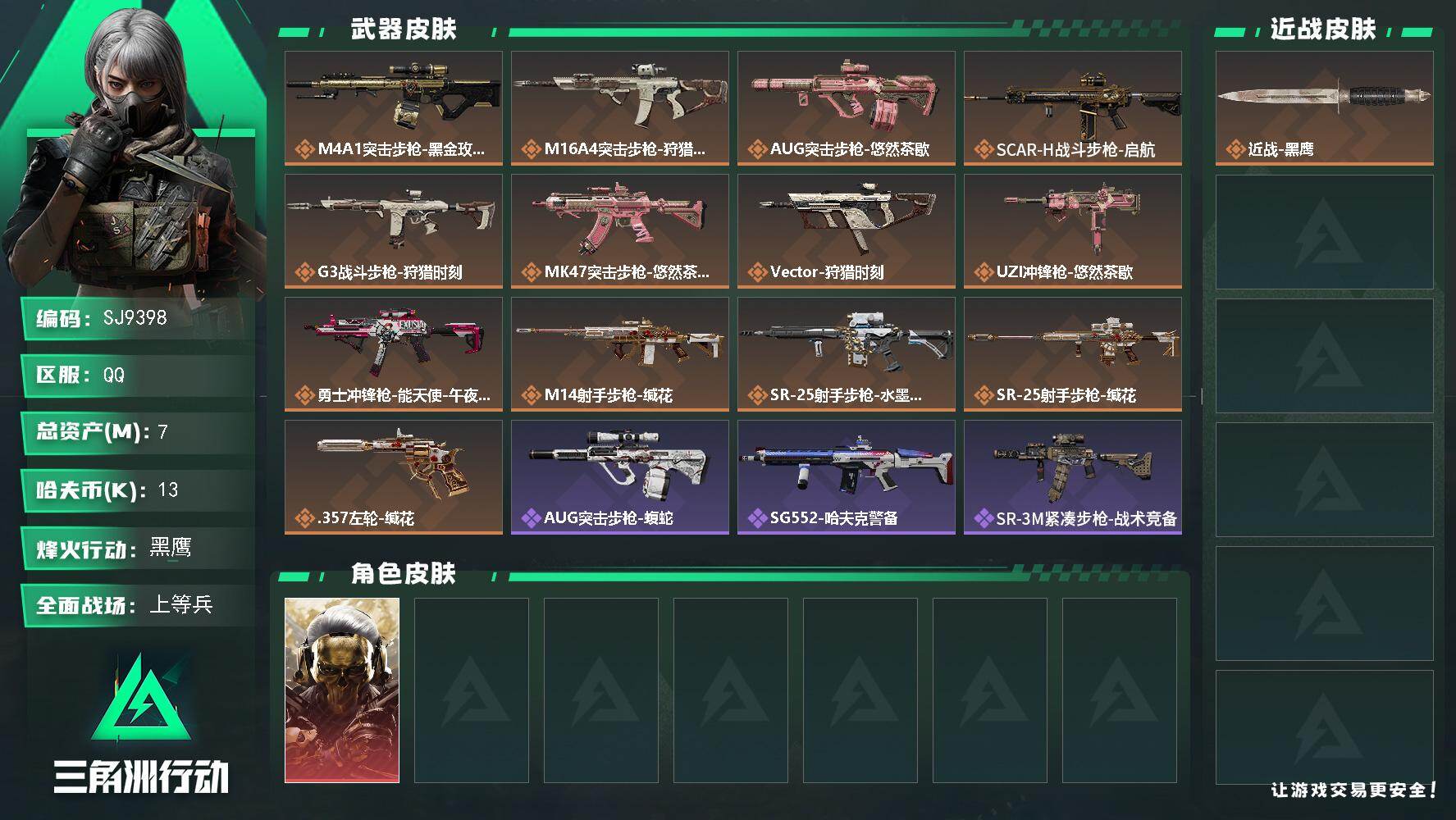 三角洲行动账号QQ【SJ9398】总资产(M)：7M/哈夫币(K)：13K/哈夫币(K)：13K/传说枪皮数：13/全面战场等级：14_段位：上等兵/烽火地带等级：42_段位：黑鹰/红狼-蚀金玫瑰/近战-黑鹰/M4A