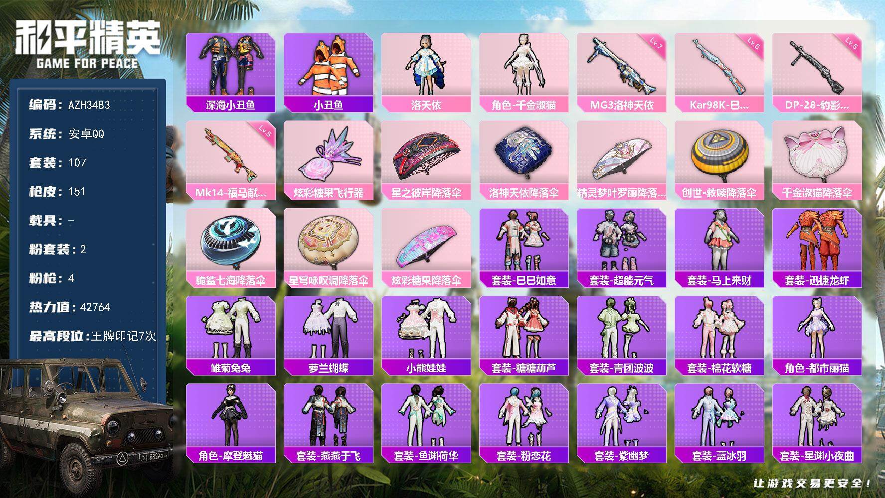 和平精英账号安卓QQ【AZH3483】安卓 手Q【洛天依千金淑猫 满级洛神天依MG3】2粉装-4特效枪-0载具-1粉色飞