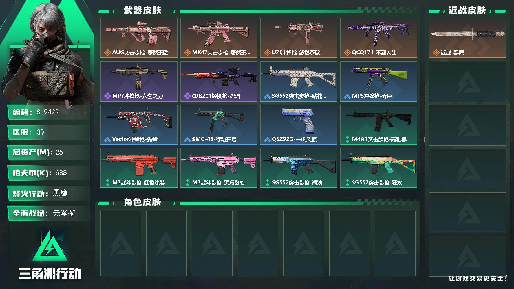 三角洲行动账号QQ【SJ9429】总资产(M)：25M/哈夫币(K)：688K/哈夫币(K)：688K/传说枪皮数：4/全面战场等级：3_段位：无段位/烽火地带等级：41_段位：黑鹰/近战-黑鹰/AUG突击步枪-悠然