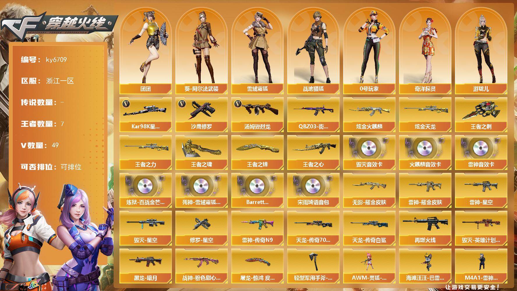 穿越火线账号东部战区浙江一区[18255852]【ky6709】浙江一区-50V-7王者武器数-3炫金武器数
【热门武器】：QBZ03-街机，Kar98K-星神，汤姆逊-烈龙*2，沙鹰-修罗*5
【王者炫金武器】：王者之心，王者