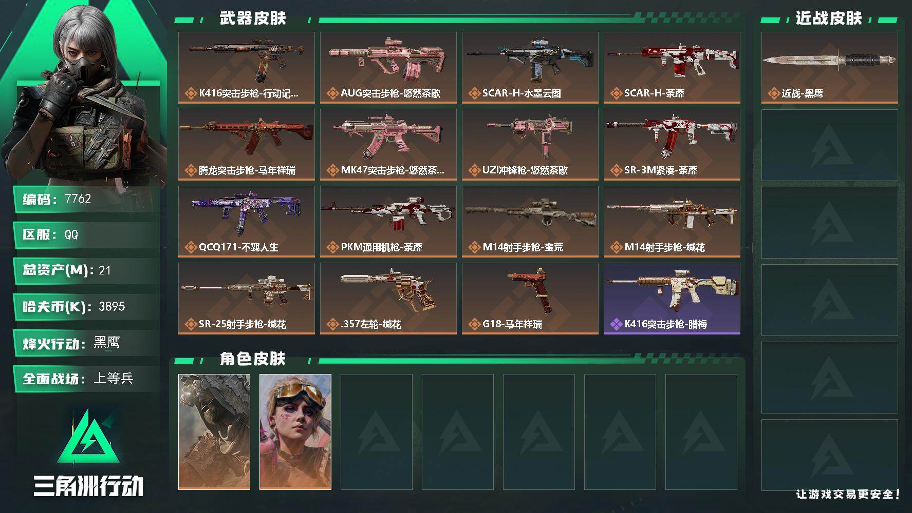 三角洲行动账号QQ总资产(M)：21M/哈夫币(K)：3895K/哈夫币(K)：3895K/传说枪皮数：15/全面战场等级：17_段位：上等兵/烽火地带等级：60_段位：黑鹰/乌鲁鲁-荒原猎手/蛊-不羁人生/近战-黑鹰