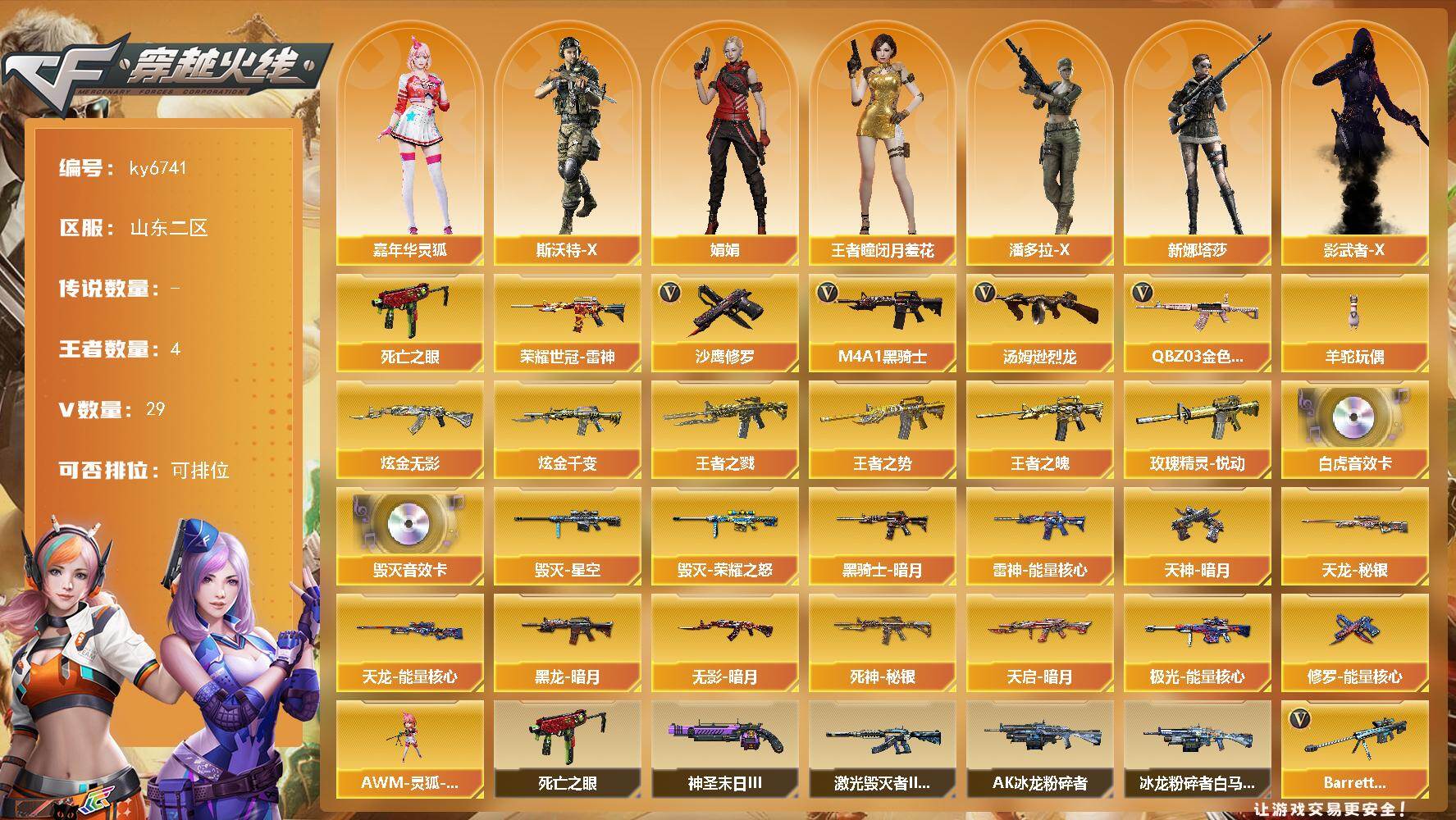 穿越火线账号北部战区山东二区[18260847]【ky6741】山东二区-29V-4王者武器数-3炫金武器数
【热门武器】：QBZ03-金色蔷薇，死亡之眼*2，荣耀世冠-雷神，M4A1-黑骑士，汤姆逊-烈龙，羊驼玩偶，沙鹰-修罗