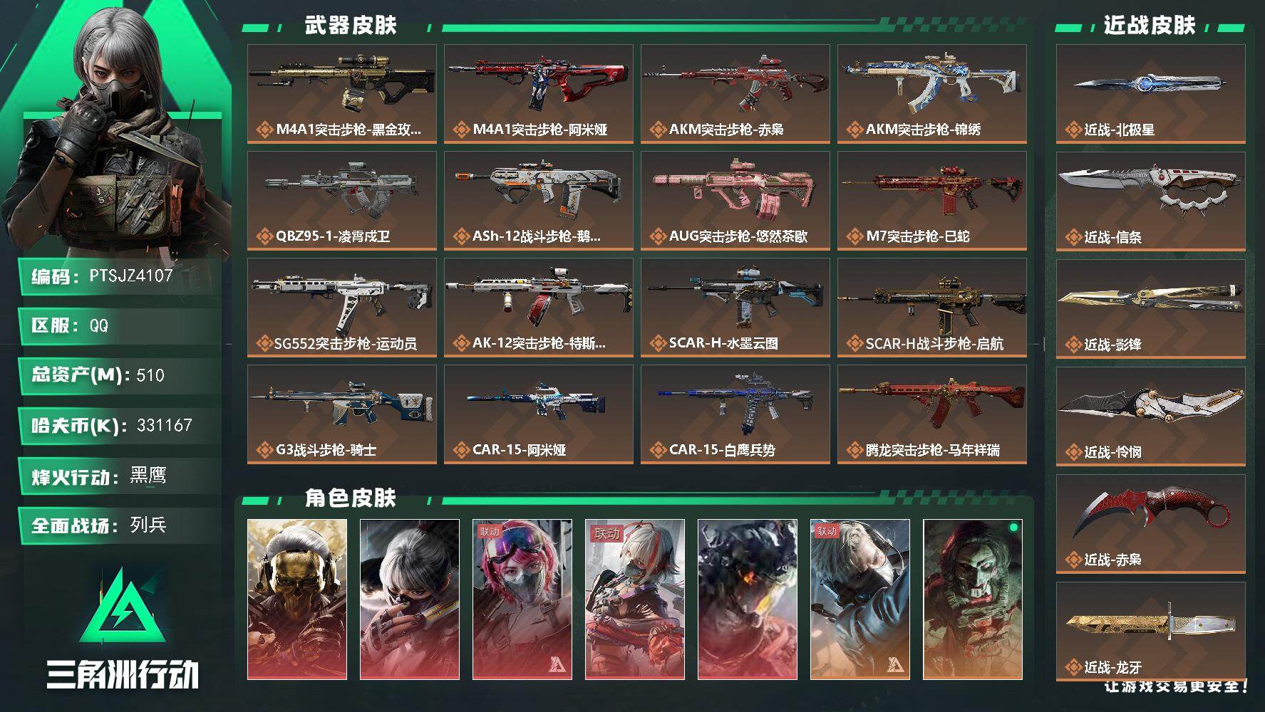 三角洲行动账号QQ【PTSJZ4107】总资产(M)：510M/哈夫币(K)：331167K/哈夫币(K)：33116