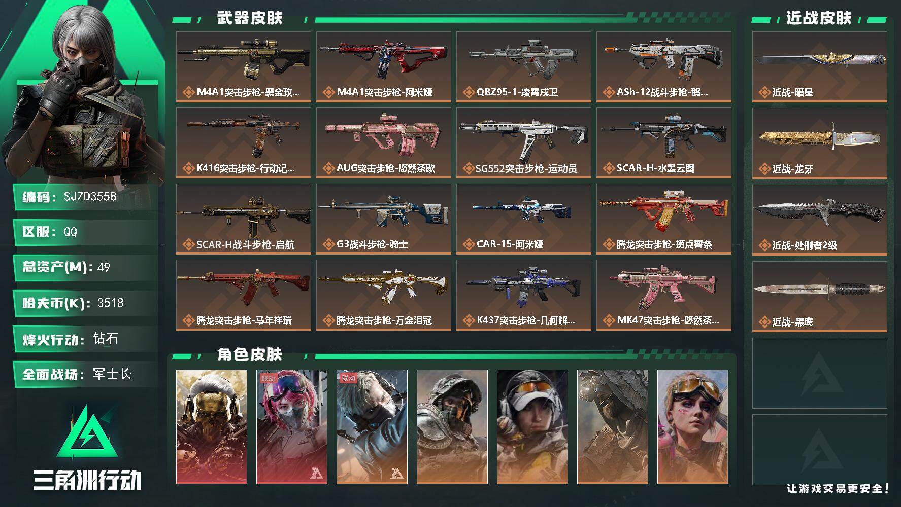 三角洲行动账号QQ【SJZD3558】总资产(M)：49M/哈夫币(K)：3518K/哈夫币(K)：3518K/传说枪皮数：44/全面战场等级：40_段位：军士长/烽火地带等级：60_段位：钻石/红狼-蚀金玫瑰/蛊-