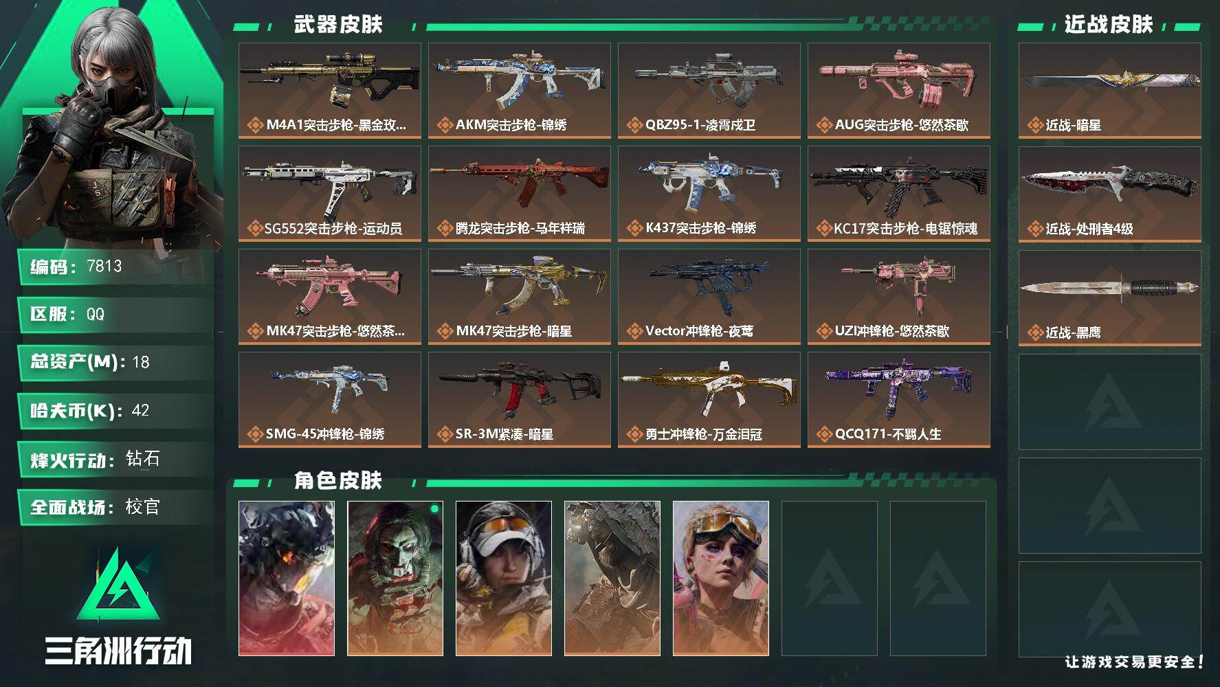 三角洲行动账号QQ总资产(M)：18M/哈夫币(K)：42K/哈夫币(K)：42K/传说枪皮数：22/全面战场等级：45_段位：校官/烽火地带等级：60_段位：钻石/威龙-凌霄戍卫/红狼-电锯惊魂/露娜-金牌射手/乌鲁