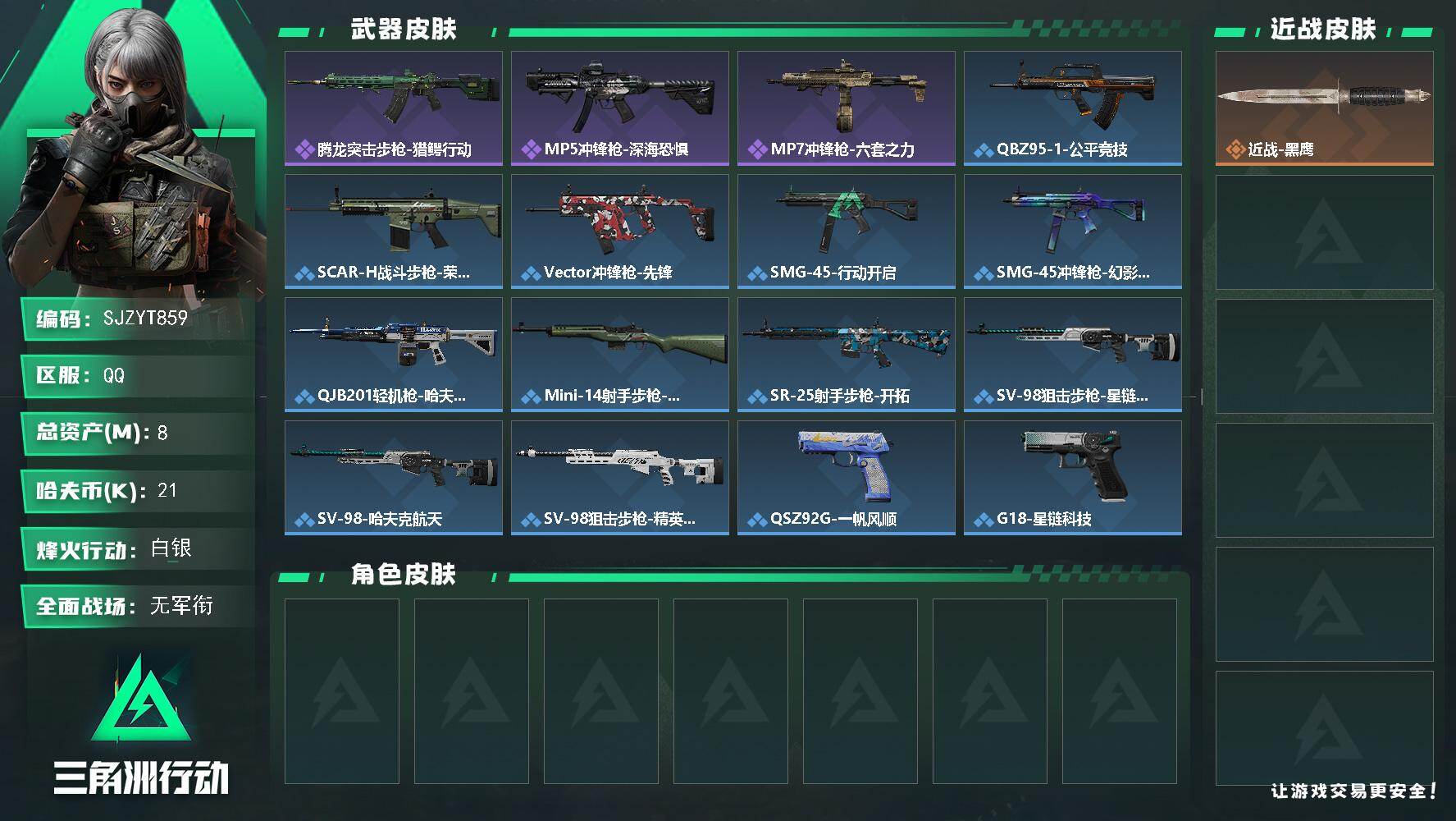 三角洲行动账号QQ【SJZYT859】总资产(M)：8M/哈夫币(K)：21K/哈夫币(K)：21K/全面战场等级：1_段位：无段位/烽火地带等级：53_段位：白银/近战-黑鹰/腾龙突击步枪-猎鳄行动/MP5冲锋枪-