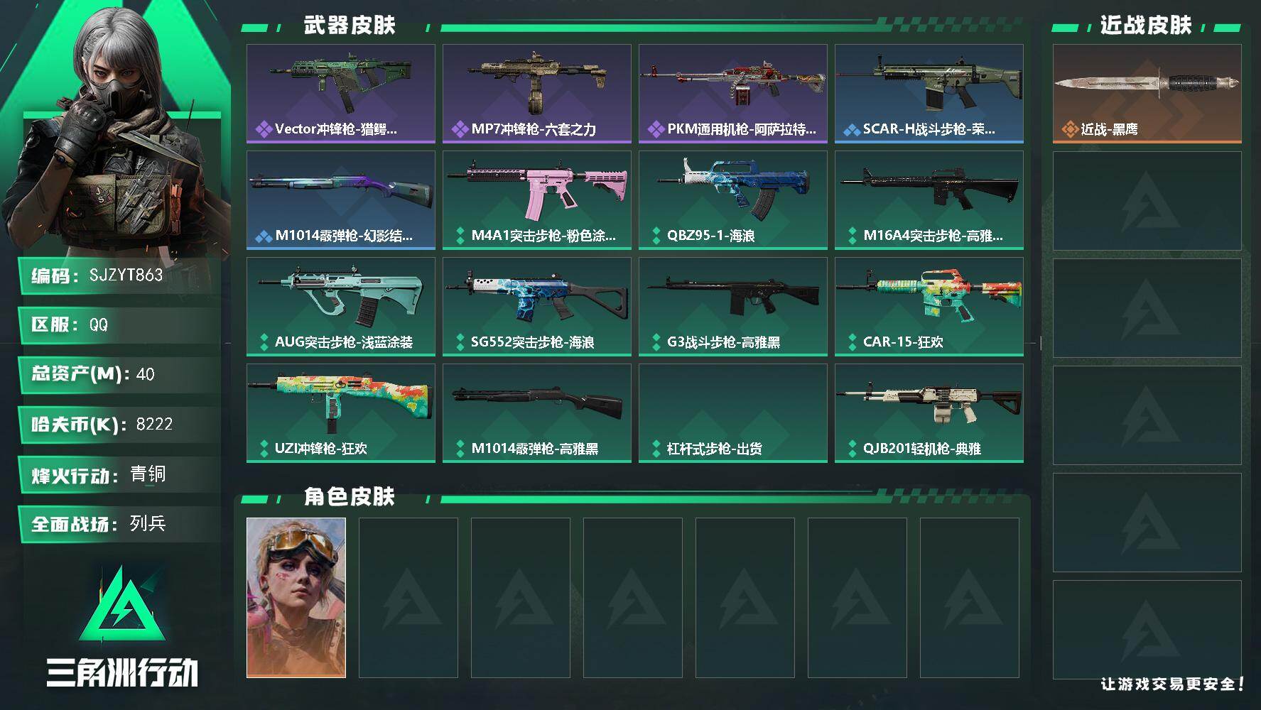 三角洲行动账号QQ【SJZYT863】总资产(M)：40M/哈夫币(K)：8222K/哈夫币(K)：8222K/全面战场等级：6_段位：列兵/烽火地带等级：30_段位：青铜/蛊-不羁人生/近战-黑鹰/Vector冲锋