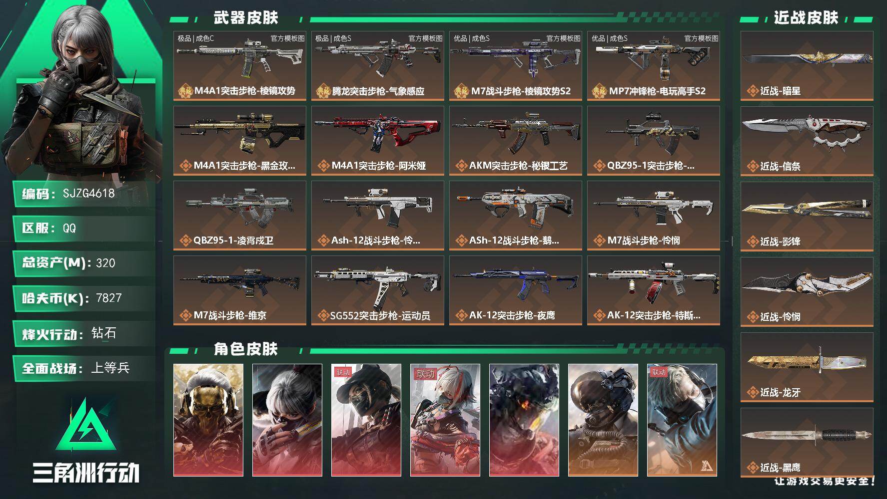 三角洲行动账号QQ【SJZG4618】总资产(M)：320M/哈夫币(K)：7827K/哈夫币(K)：7827K/传说枪皮数：40/全面战场等级：50_段位：上等兵/烽火地带等级：60_段位：钻石/红狼-蚀金玫瑰/骇