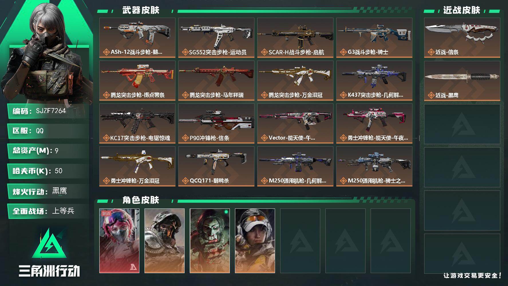 三角洲行动账号QQ【SJZF7264】总资产(M)：9M/哈夫币(K)：50K/哈夫币(K)：50K/传说枪皮数：28/全面战场等级：31_段位：上等兵/烽火地带等级：60_段位：黑鹰/蛊-能天使午夜邮差/深蓝-不破