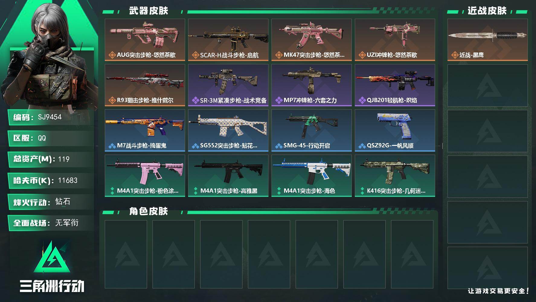 三角洲行动账号QQ【SJ9454】总资产(M)：119M/哈夫币(K)：11683K/哈夫币(K)：11683K/传说枪皮数：5/全面战场等级：1_段位：无段位/烽火地带等级：51_段位：钻石/近战-黑鹰/AUG突击