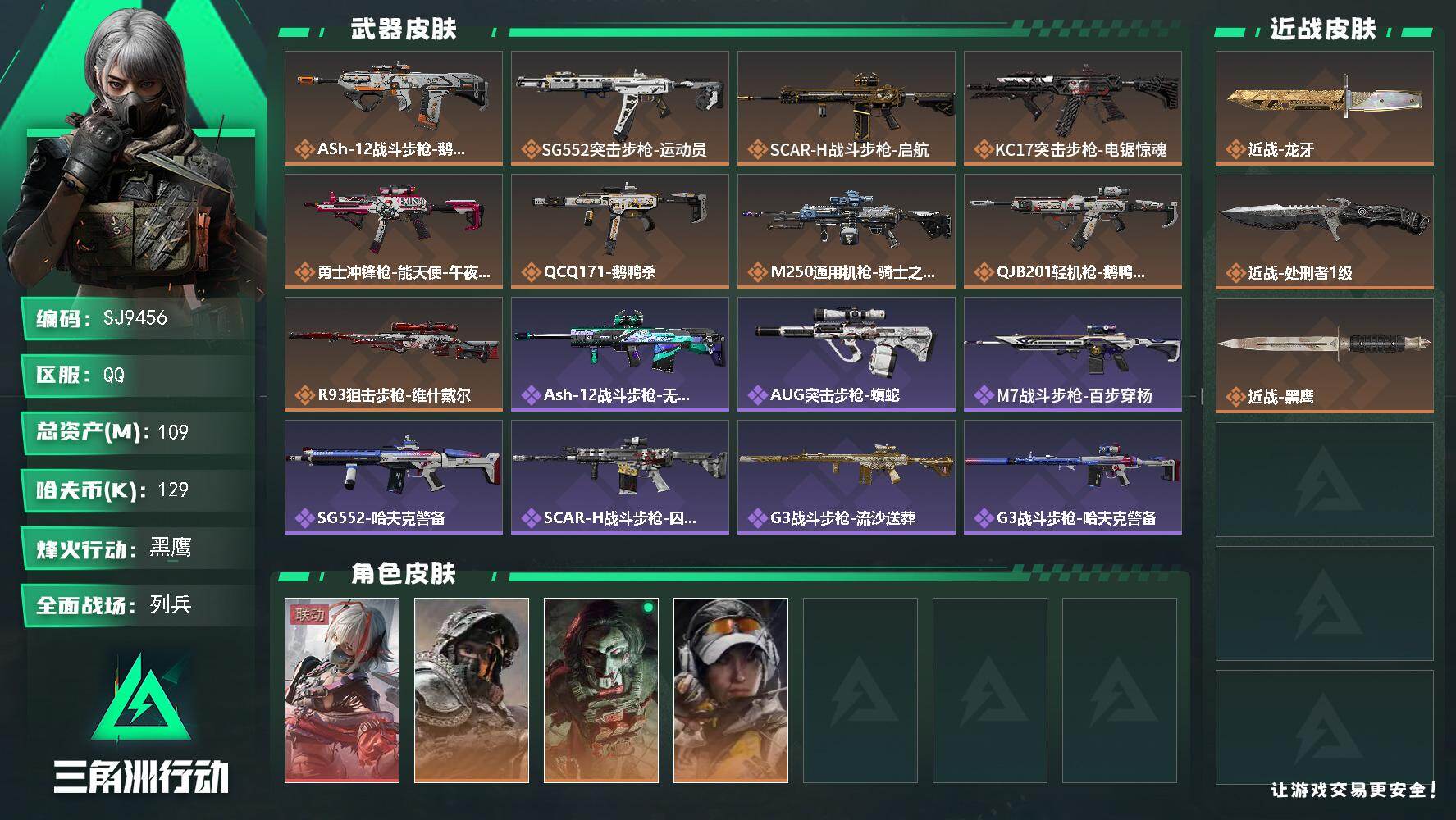三角洲行动账号QQ【SJ9456】总资产(M)：109M/哈夫币(K)：129K/哈夫币(K)：129K/传说枪皮数：9/全面战场等级：6_段位：列兵/烽火地带等级：60_段位：黑鹰/骇爪-维什戴尔/深蓝-不破誓约/